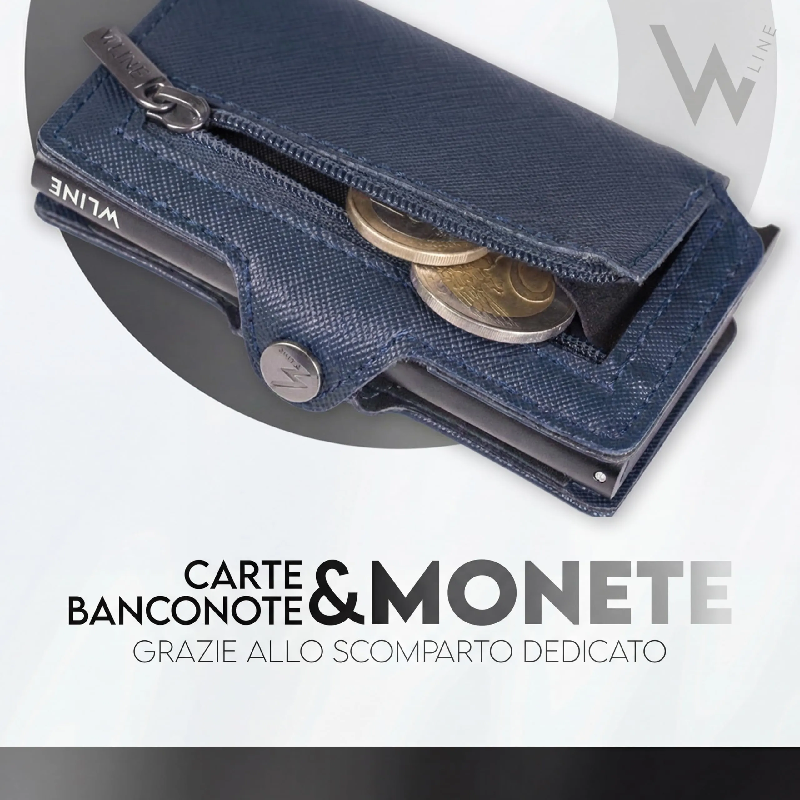 WLine Portafoglio Slim RFID in Pelle PU con Zip - Blu Navy e Nero Saffiano - immagine 3