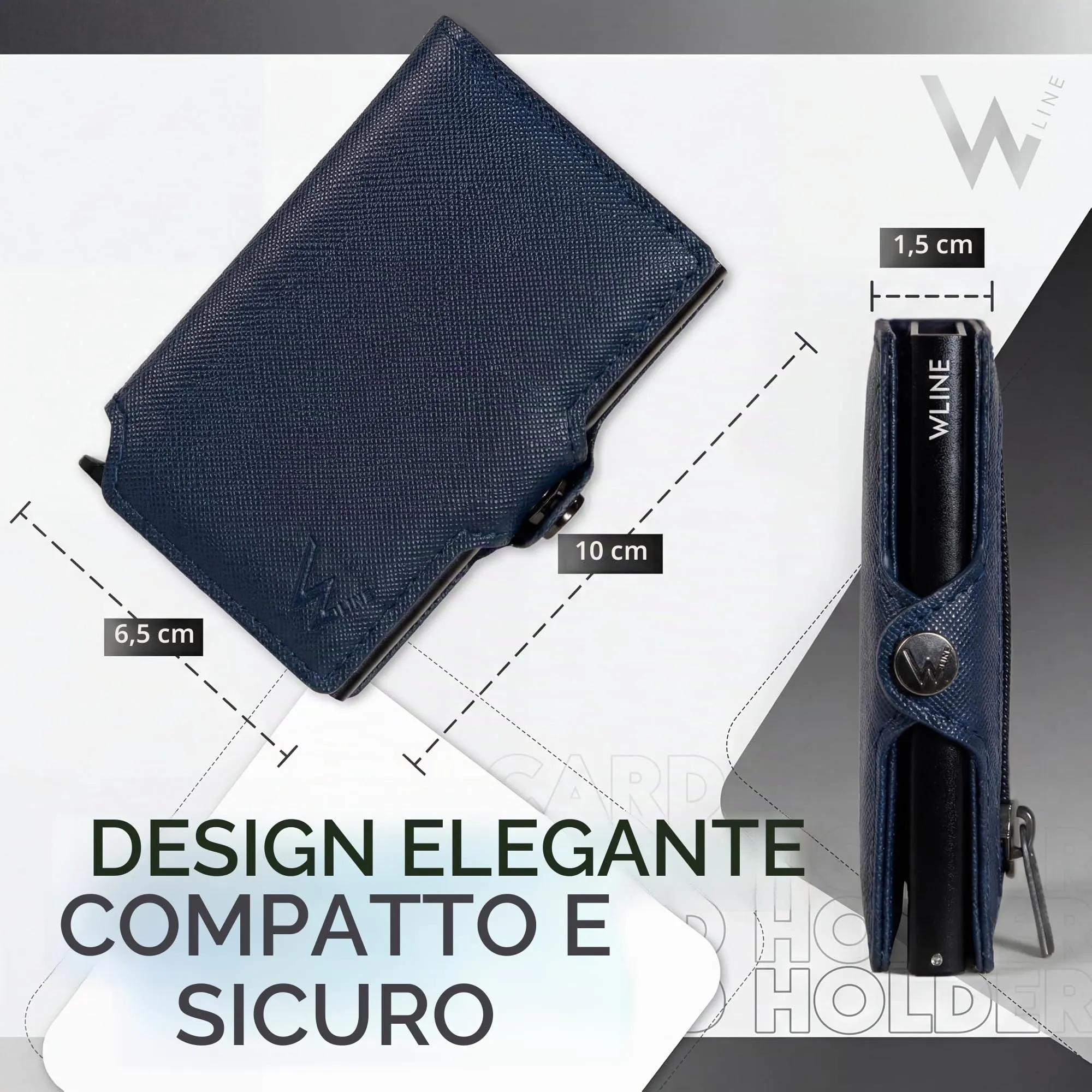 WLine Portafoglio Slim RFID in Pelle PU con Zip - Blu Navy e Nero Saffiano - immagine 4