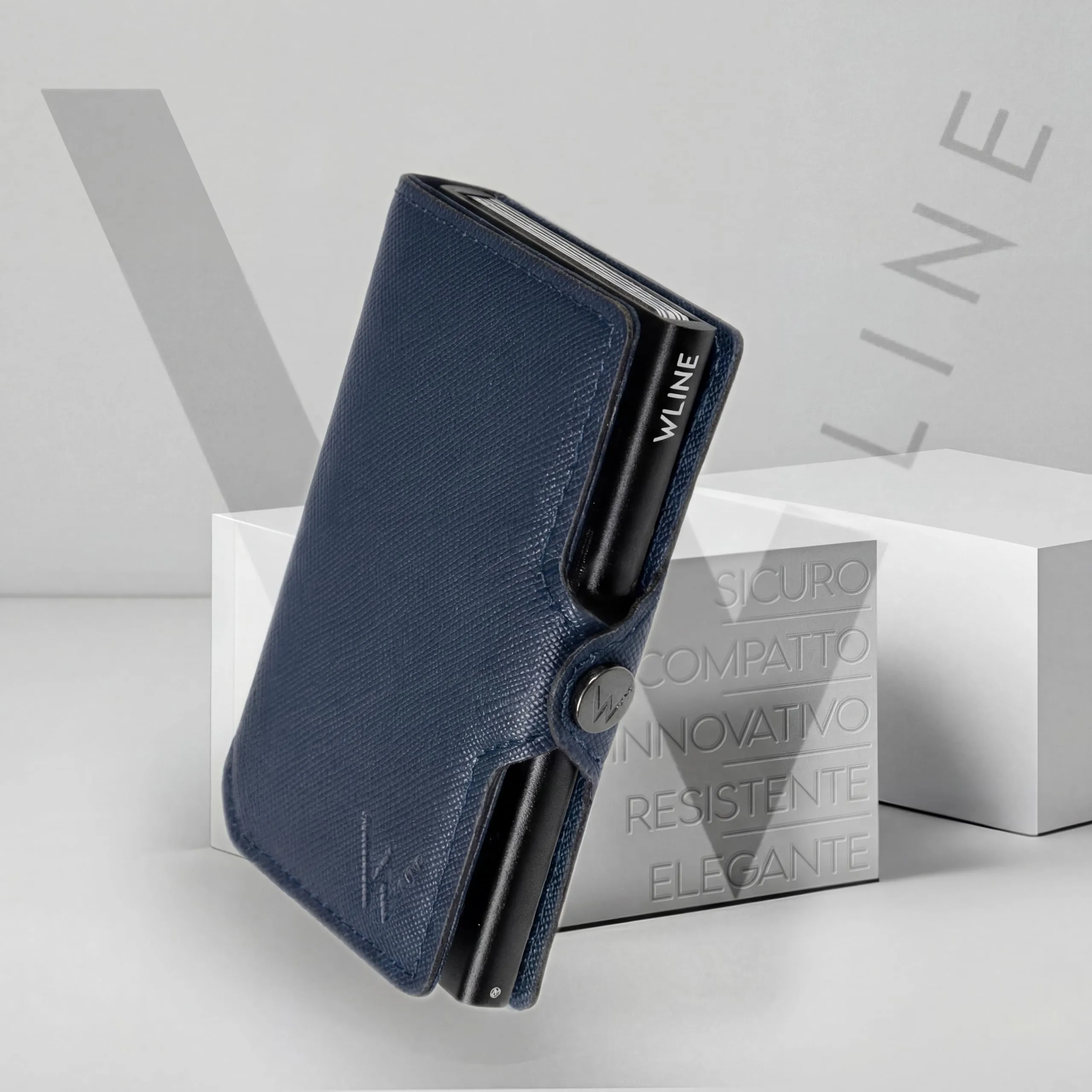 WLine Portafoglio Slim RFID in Pelle PU con Zip - Blu Navy e Nero Saffiano - immagine 5
