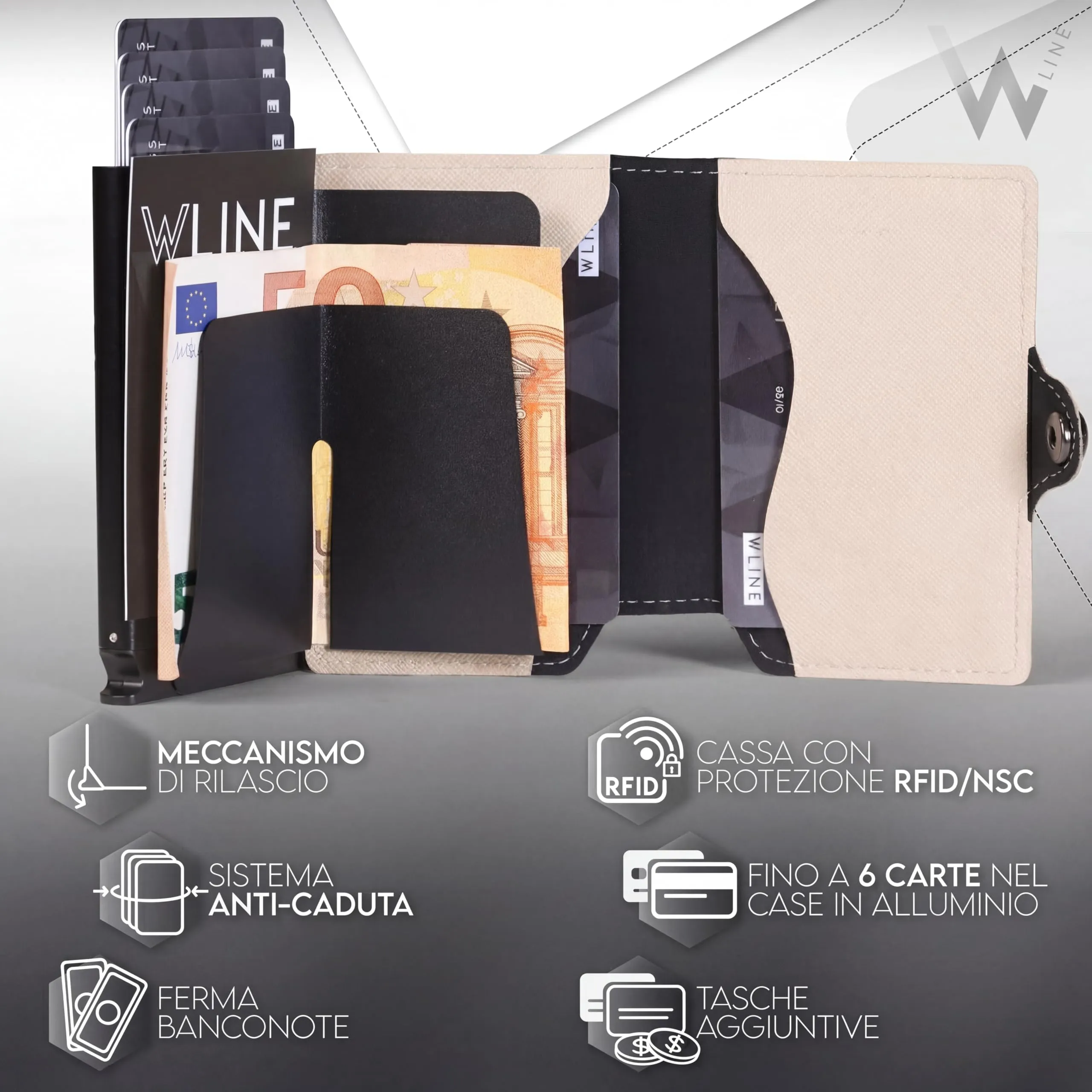 WLine Portafoglio Donna Piccolo RFID in Pelle PU con Zip - Sabbia e Nero Saffiano - immagine 2