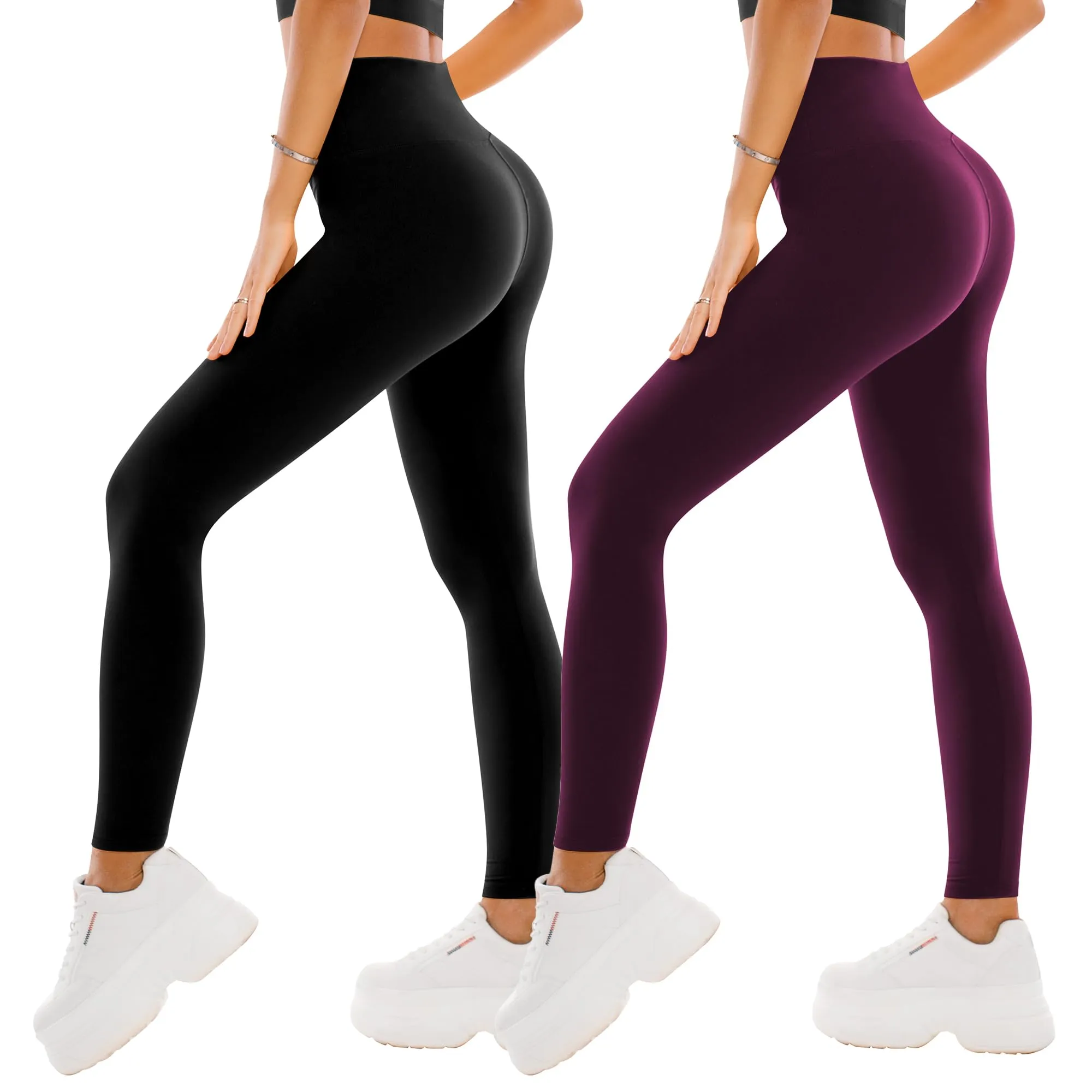 SINOPHANT Leggings da donna a vita alta, confezione da 2 pezzi, nero/viola prugna, L-XL - immagine 1