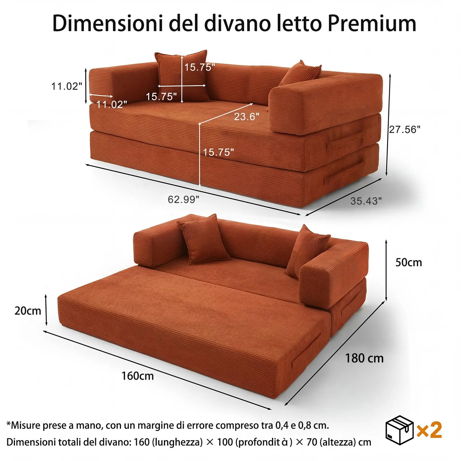 Vipbear Divano letto 5-in-1, 160 cm, Corda Premium, con 2 cuscini in memory foam, Arancione - immagine 2