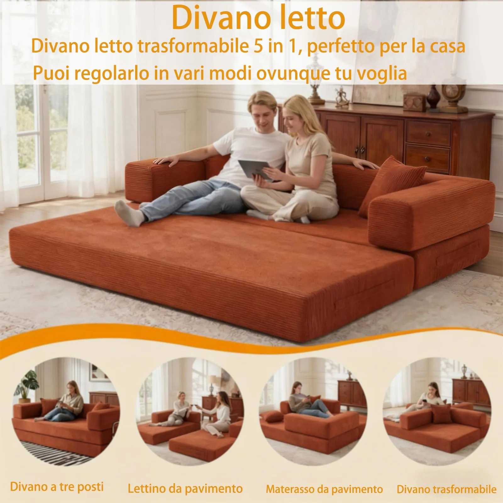 Vipbear Divano letto 5-in-1, 160 cm, Corda Premium, con 2 cuscini in memory foam, Arancione - immagine 3