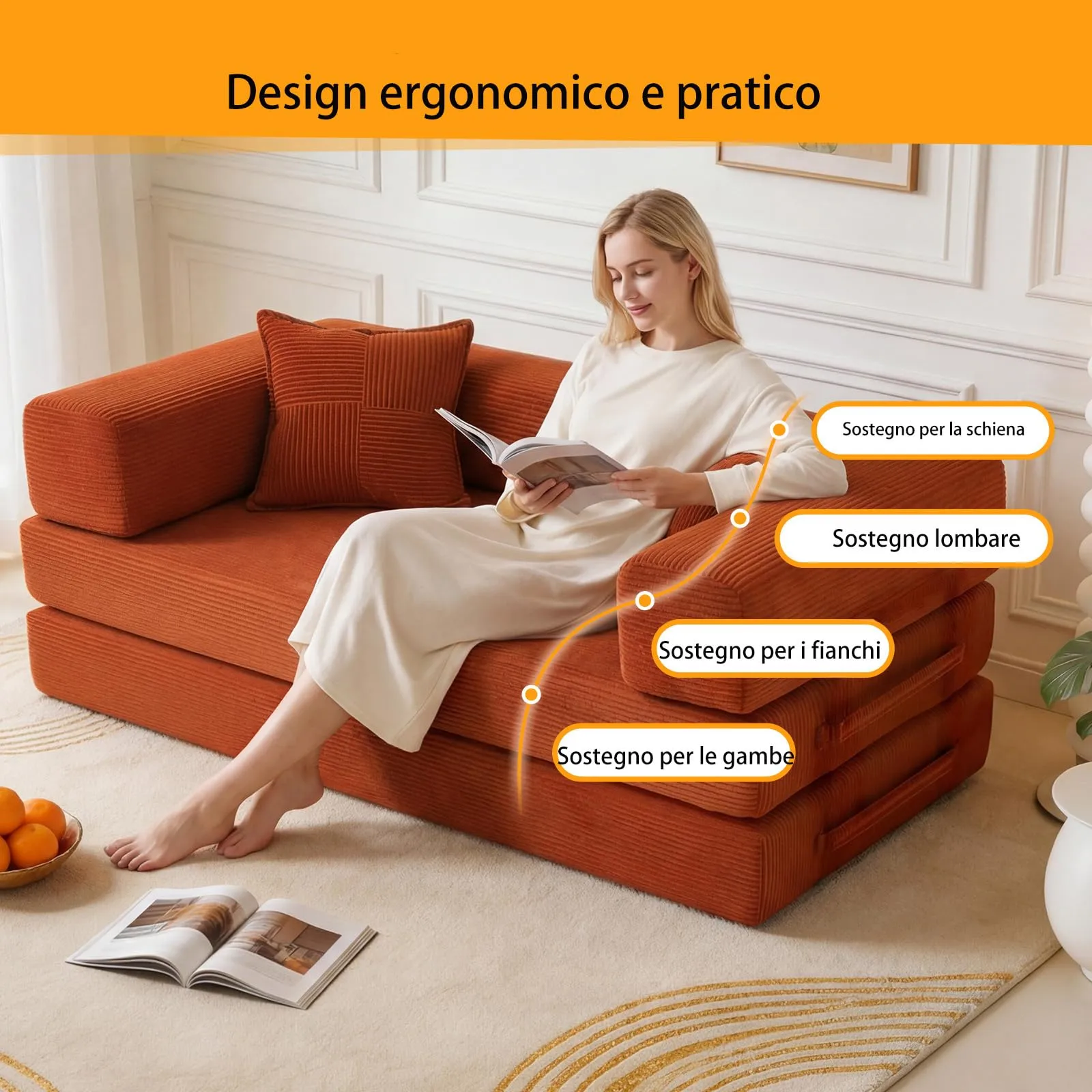 Vipbear Divano letto 5-in-1, 160 cm, Corda Premium, con 2 cuscini in memory foam, Arancione - immagine 4
