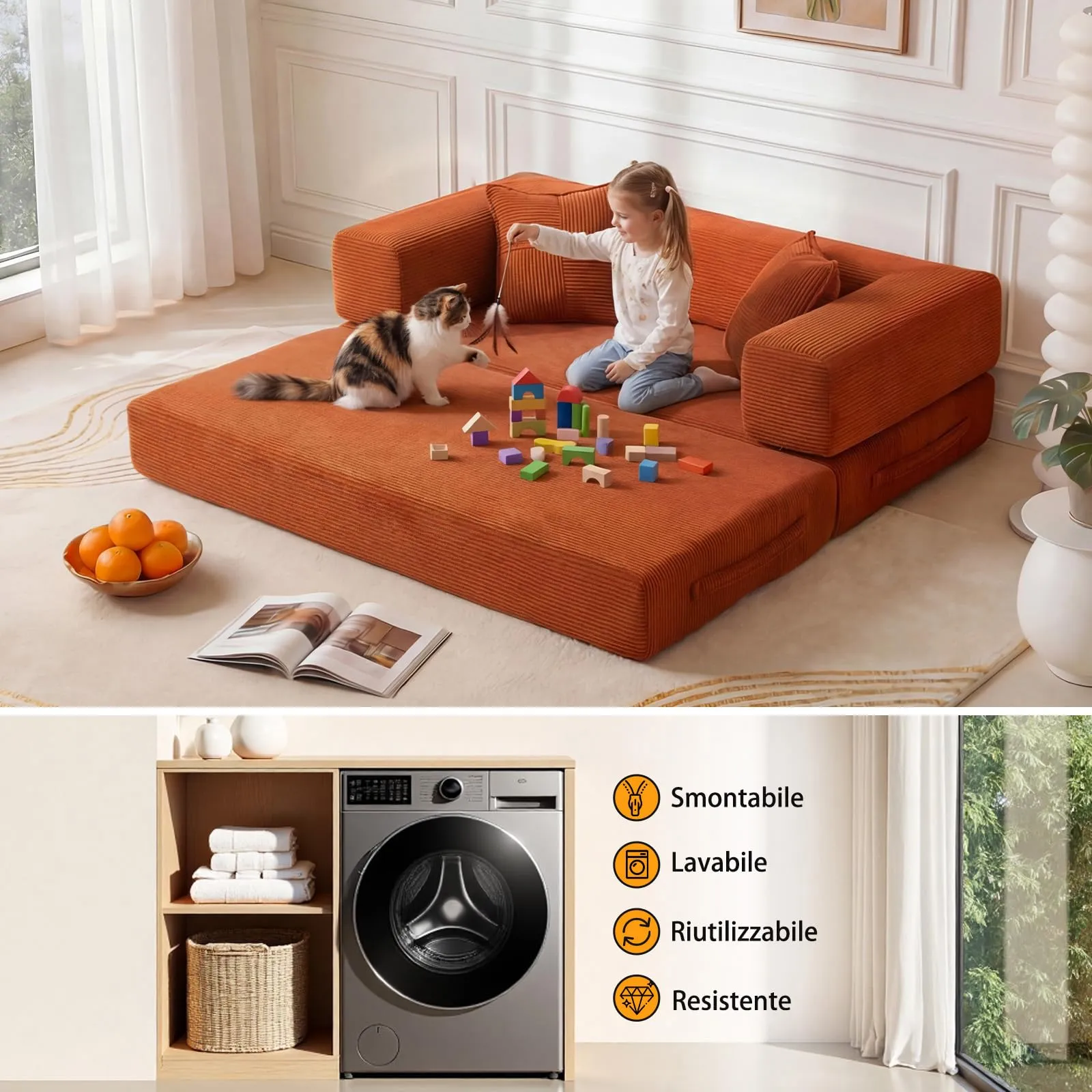 Vipbear Divano letto 5-in-1, 160 cm, Corda Premium, con 2 cuscini in memory foam, Arancione - immagine 7