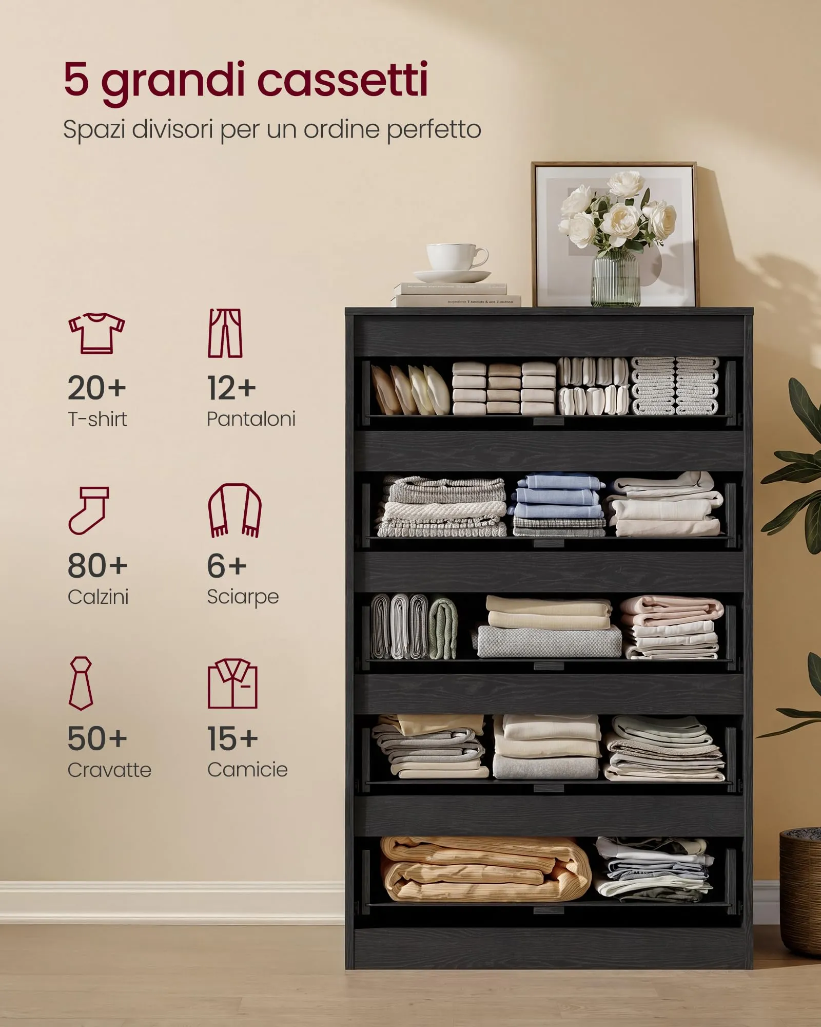 VASAGLE Cassettiera con 5 Cassetti, 60,2x40,4x97,4 cm - immagine 4