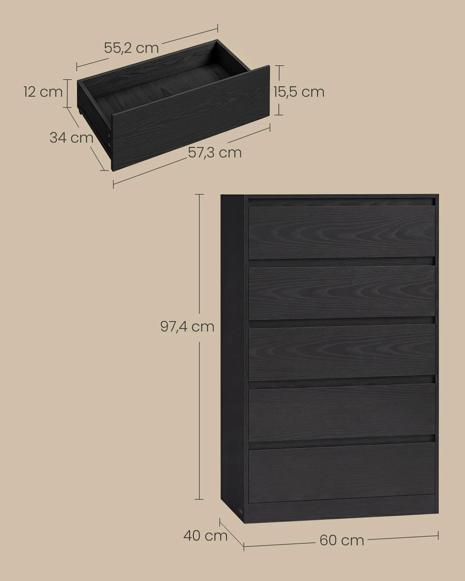 VASAGLE Cassettiera con 5 Cassetti, 60,2x40,4x97,4 cm - immagine 5