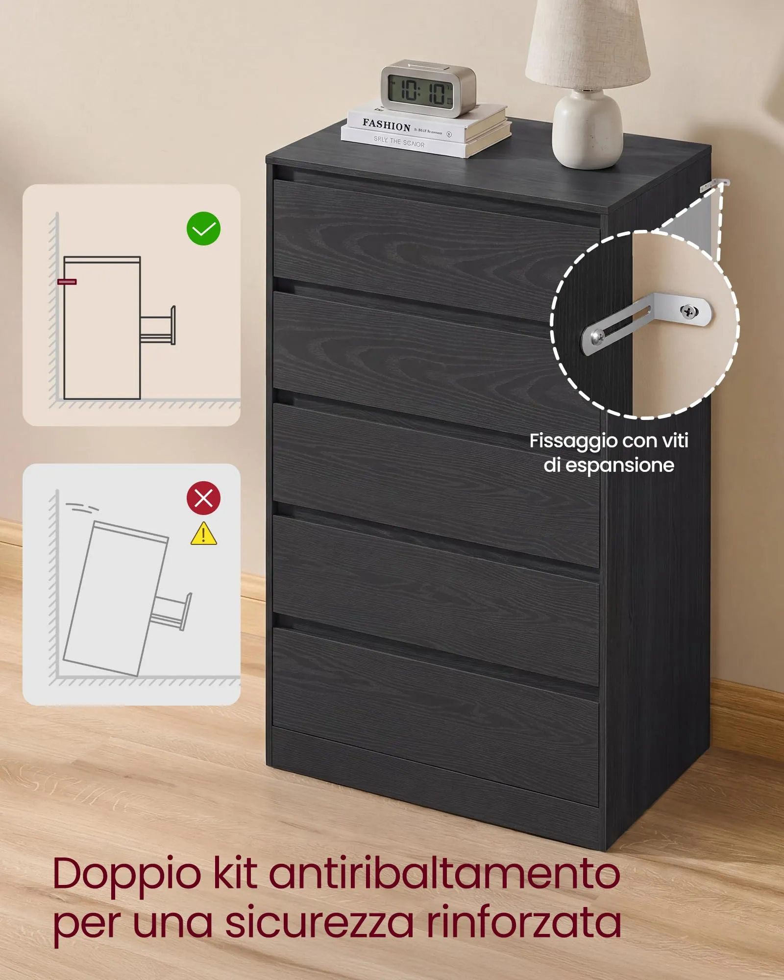 VASAGLE Cassettiera con 5 Cassetti, 60,2x40,4x97,4 cm - immagine 6