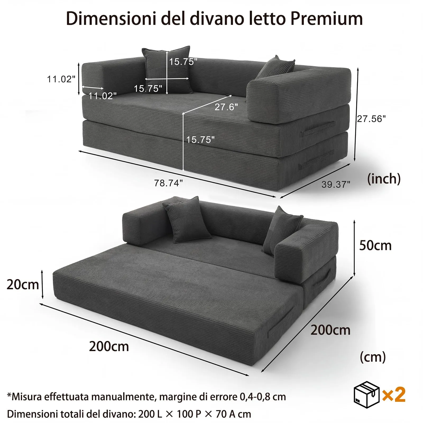 Vipbear Divano Letto 5-in-1 Senza Struttura 200cm, Grigio - immagine 2
