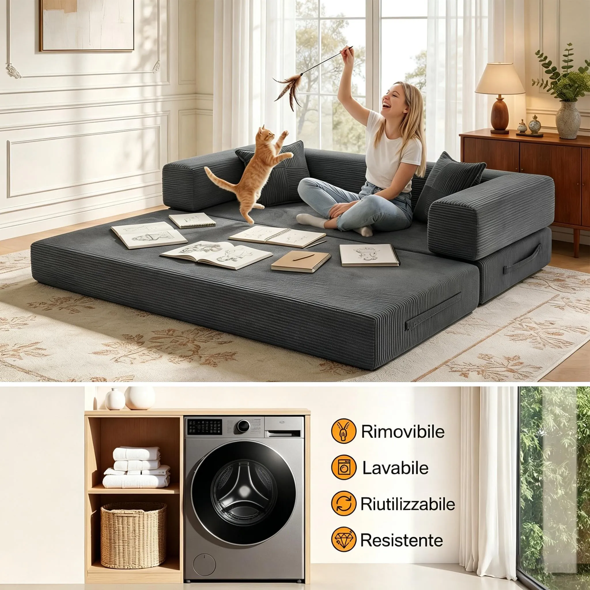 Vipbear Divano Letto 5-in-1 Senza Struttura 200cm, Grigio - immagine 7