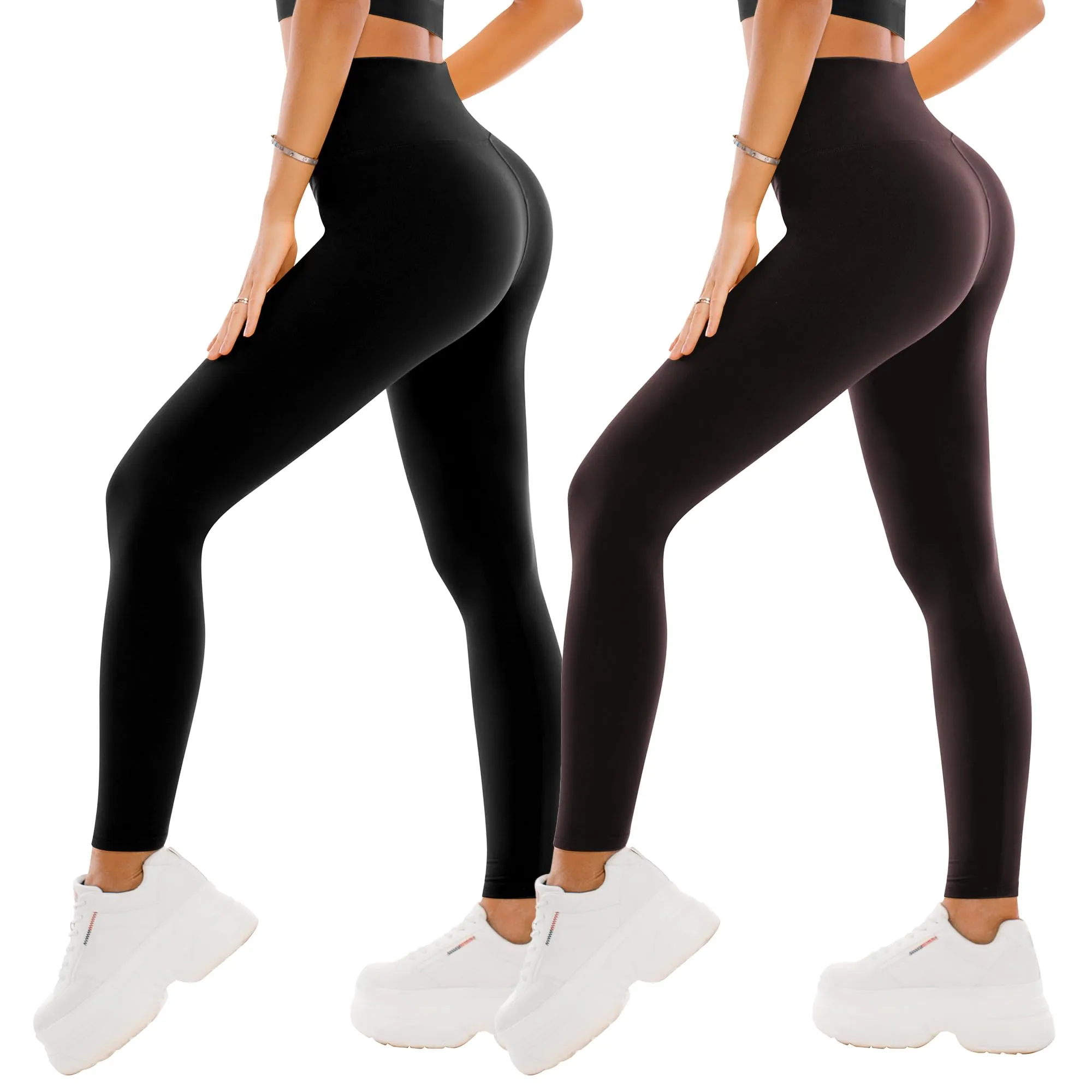 SINOPHANT Leggings da donna a vita alta, confezione da 2 pezzi, Nero/Marrone Scuro, XXL - immagine 1