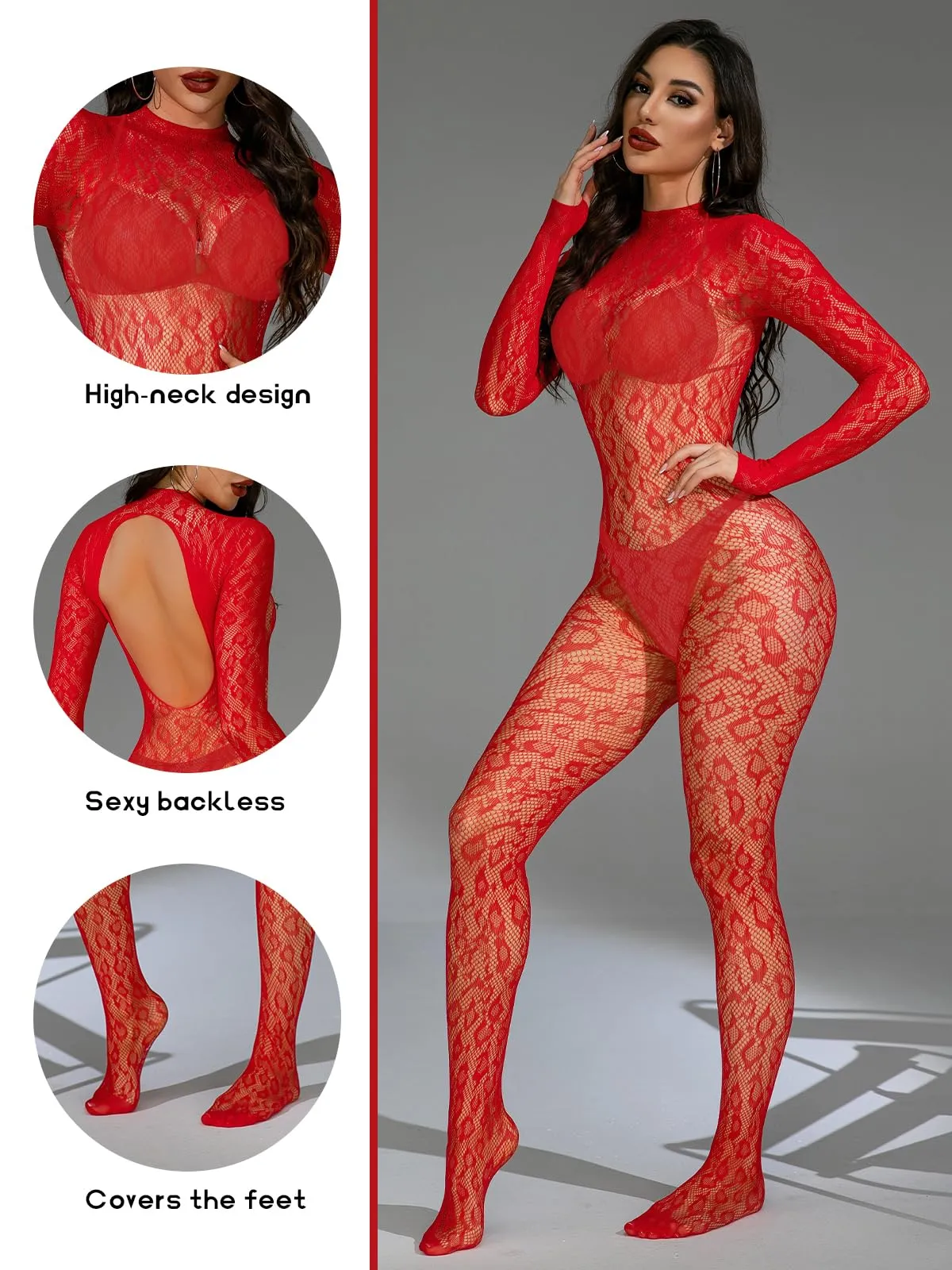 Buitifo Donna Fishnet Bodystocking Pigiama - Rosso Lbb, Taglia Unica - immagine 2