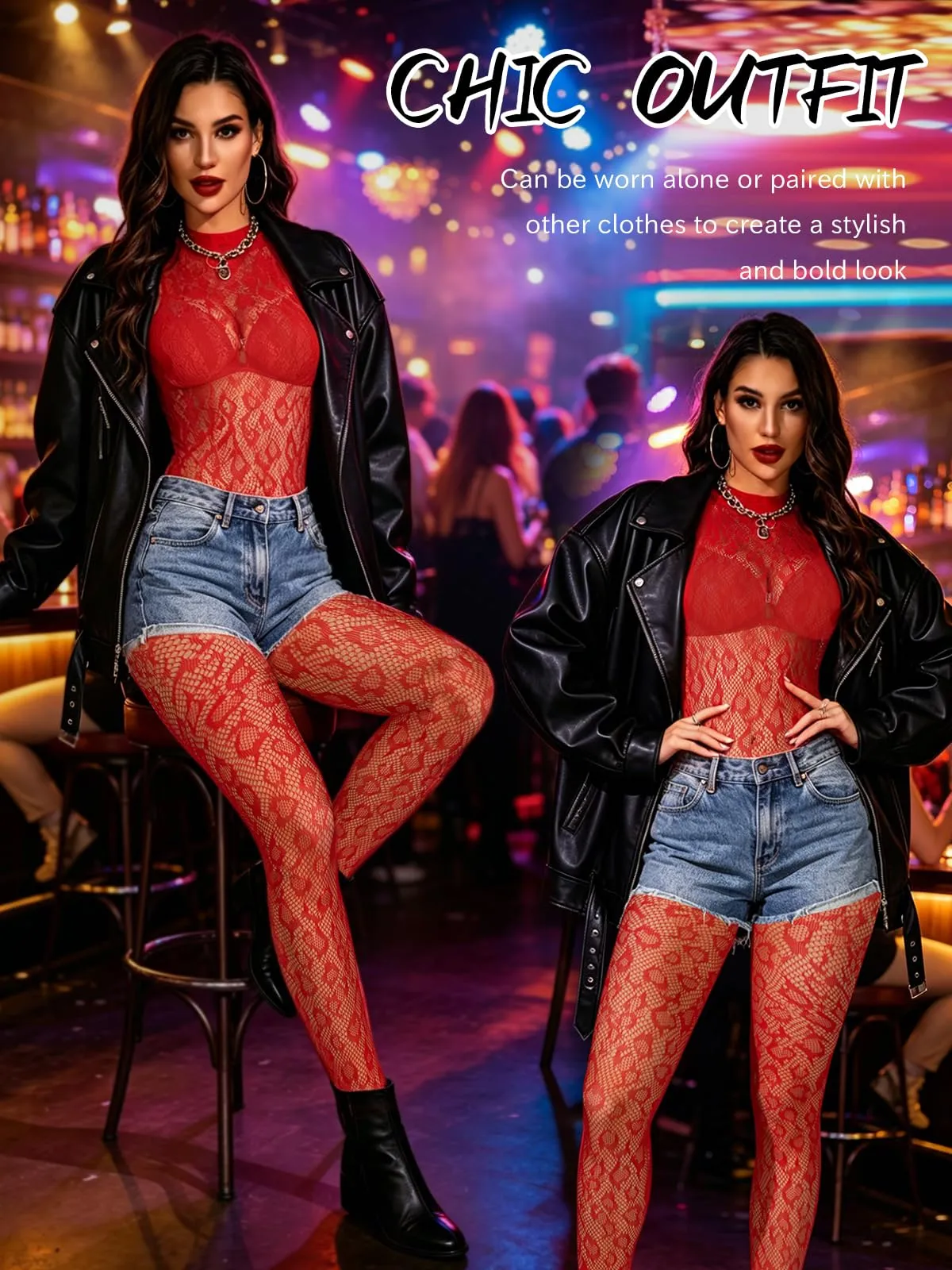Buitifo Donna Fishnet Bodystocking Pigiama - Rosso Lbb, Taglia Unica - immagine 4