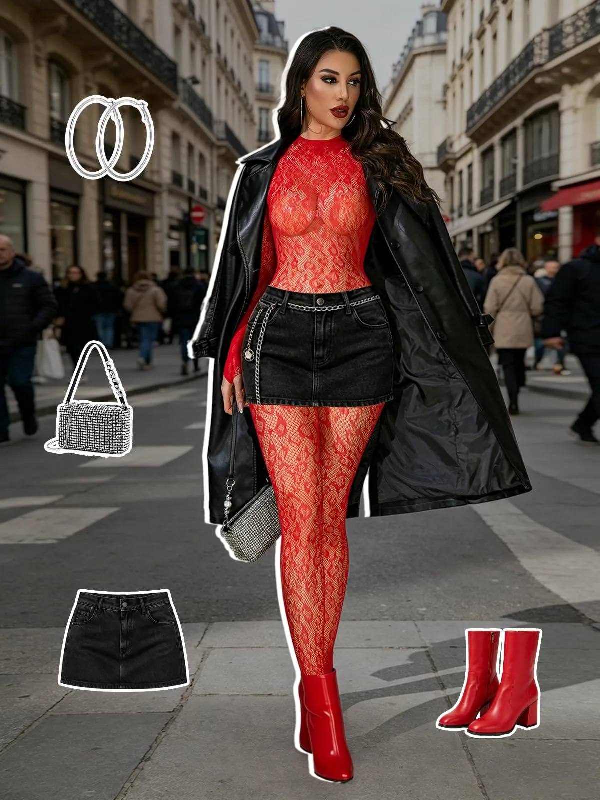 Buitifo Donna Fishnet Bodystocking Pigiama - Rosso Lbb, Taglia Unica - immagine 5