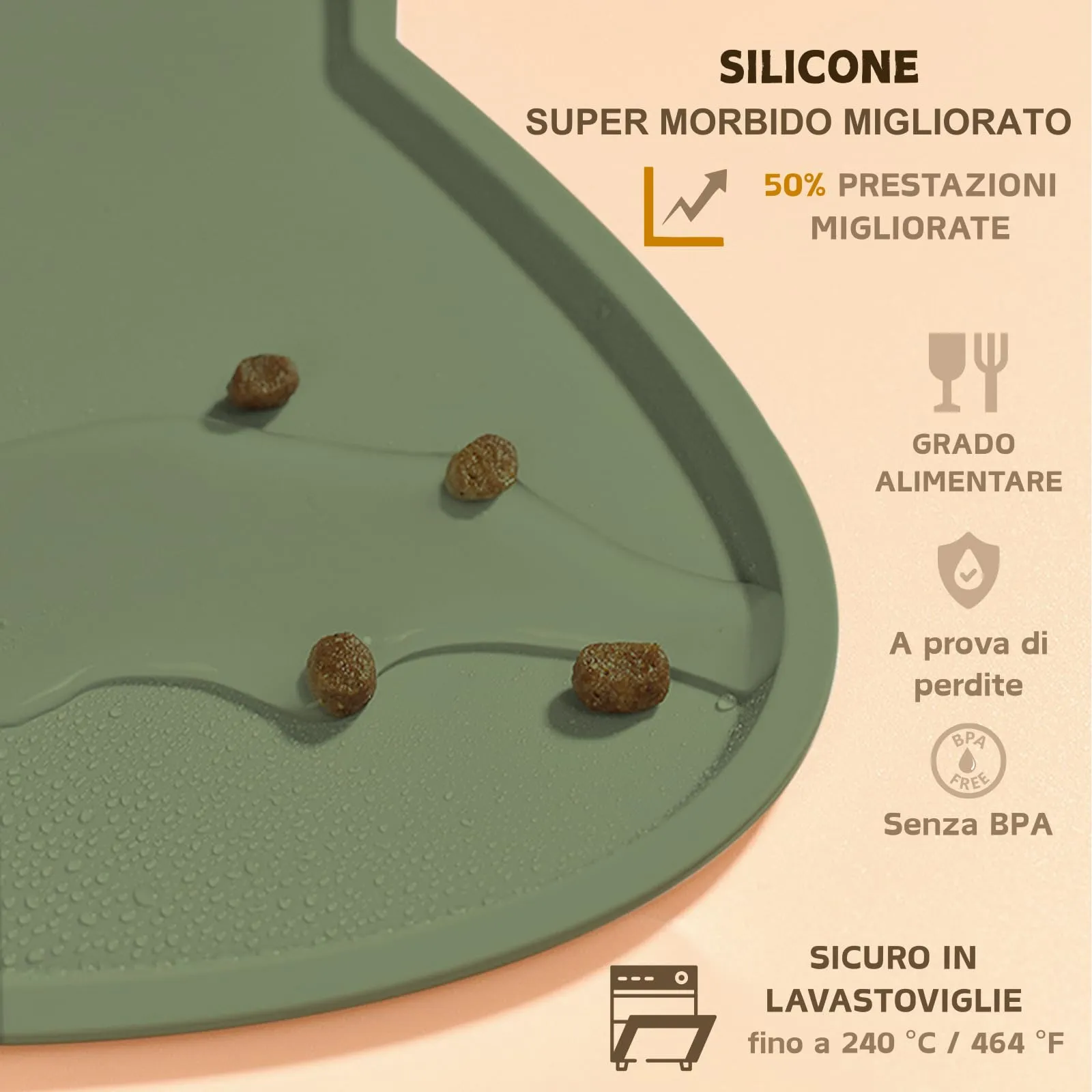 Septillar Tappetino Sottociotola in Silicone per Cani e Gatti, Antiscivolo e Impermeabile, Verde Oliva, 44x25 cm - immagine 3