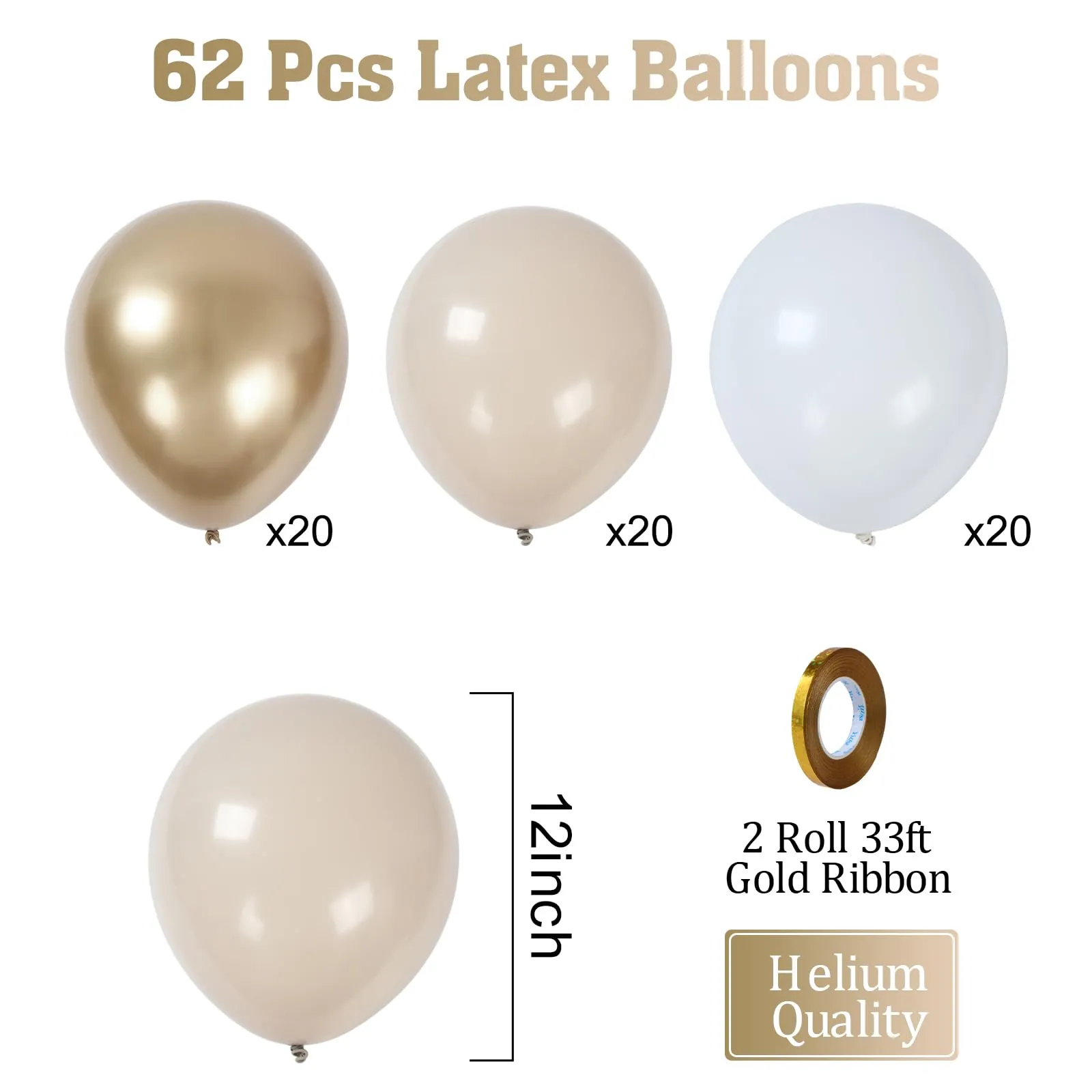 fairymaiden Palloncini Bianco Oro Champagne, 60 Pezzi, 12 Pollici - immagine 3