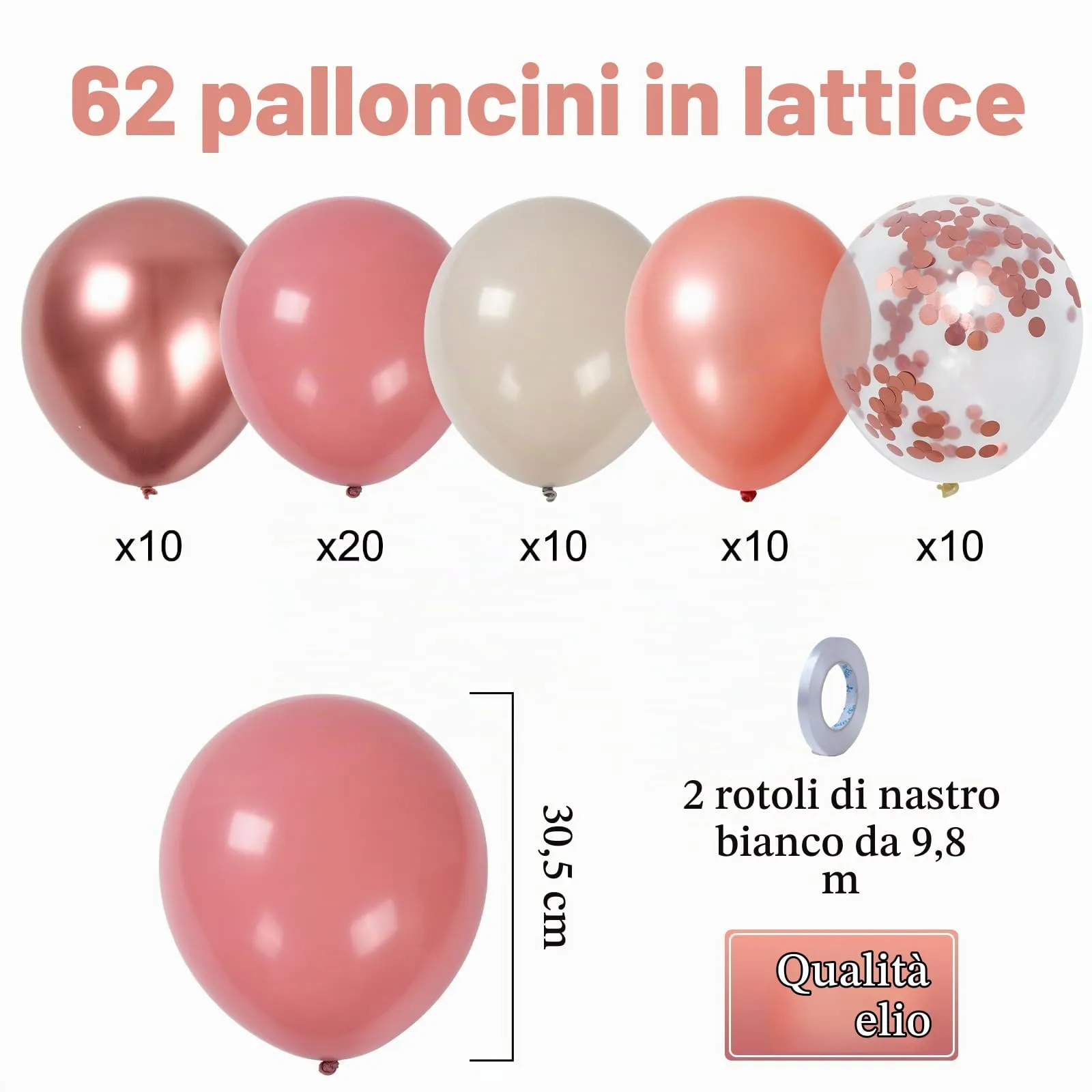 fairymaiden Palloncini Rosa, 60 Pezzi, Pastello Bianco Beige con Confetti Rosa Oro, 12 Pollici - immagine 2