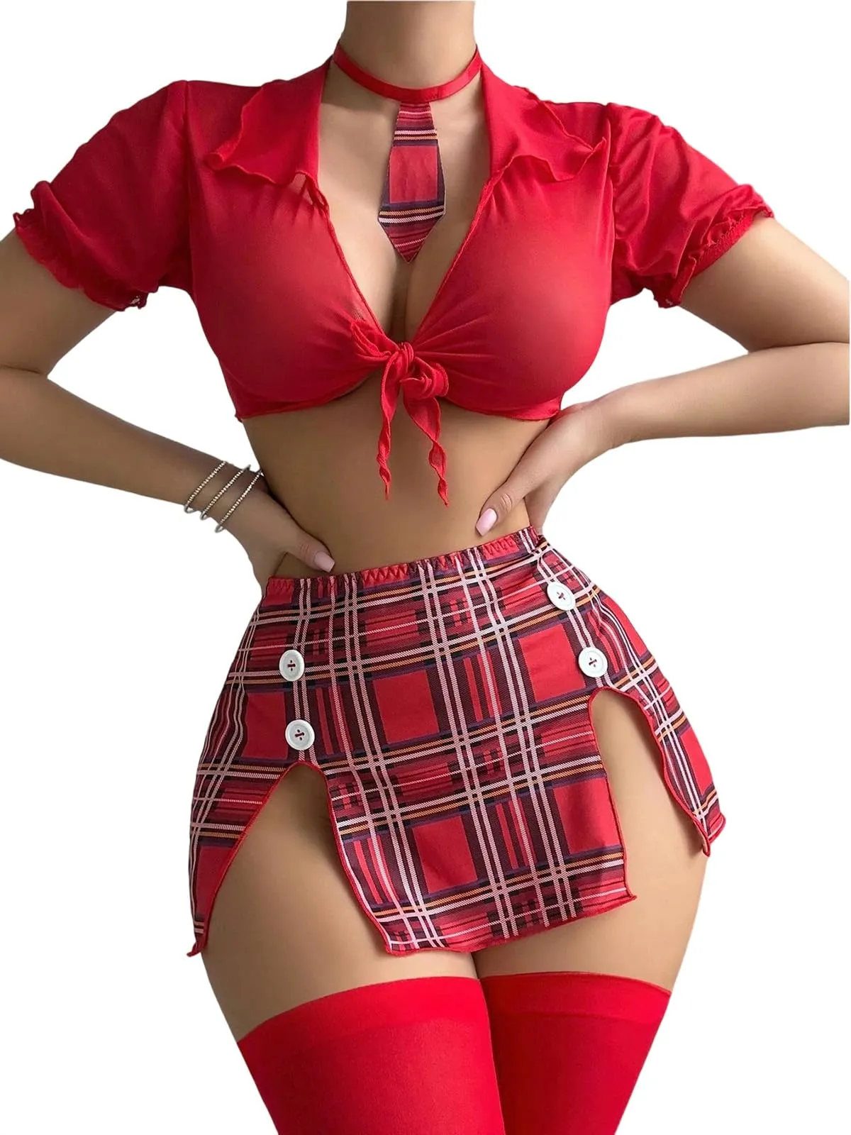 Rayson Completo Intimi Donna Uniforme Studentessa Cosplay Babydoll 5 Pezzi, Rosso - immagine 1