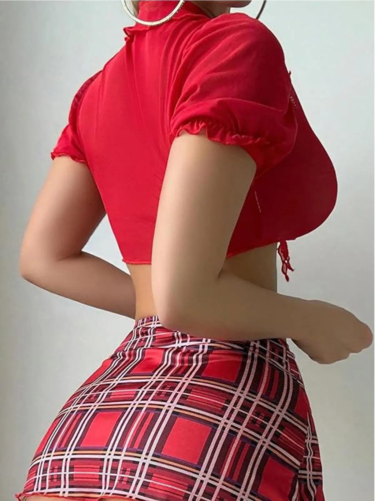 Rayson Completo Intimi Donna Uniforme Studentessa Cosplay Babydoll 5 Pezzi, Rosso - immagine 4