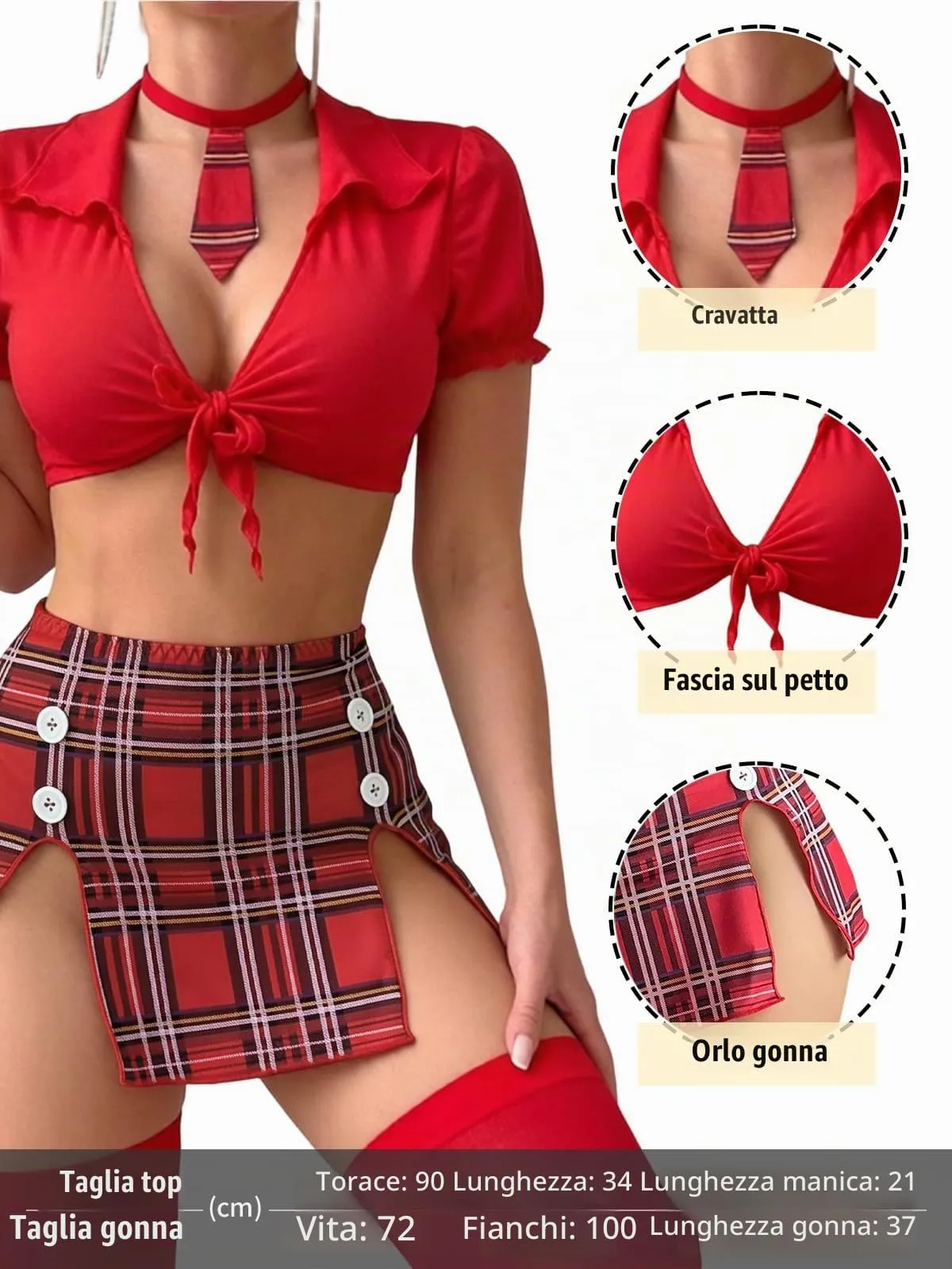 Rayson Completo Intimi Donna Uniforme Studentessa Cosplay Babydoll 5 Pezzi, Rosso - immagine 5