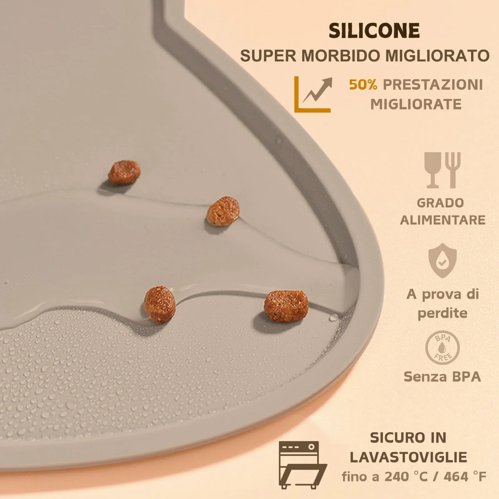 Septillar Tappetino Sottociotola in Silicone per Cani e Gatti, Antiscivolo e Impermeabile, Taupe Caldo, 44x25 cm - immagine 3