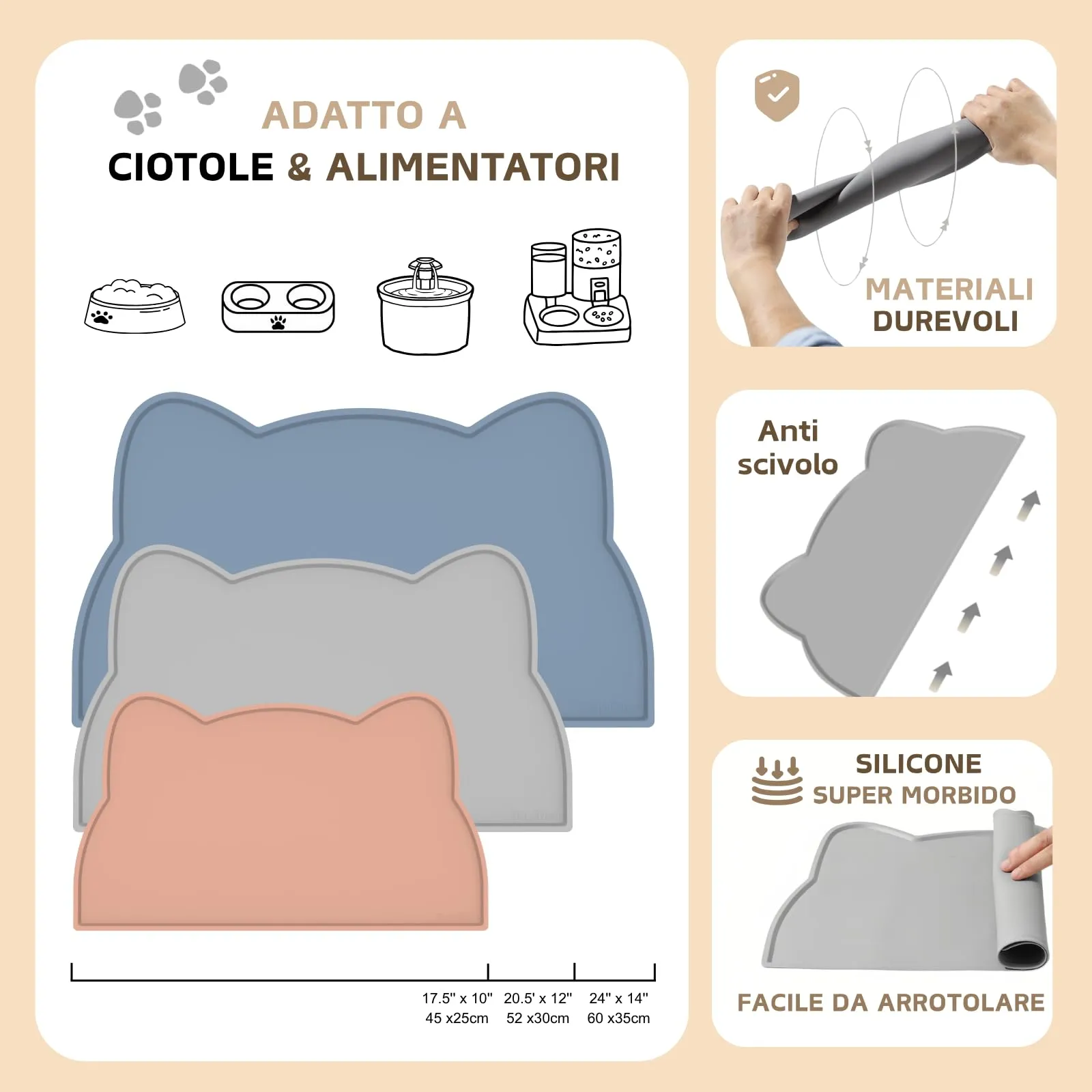 Septillar Tappetino Sottociotola in Silicone per Cani e Gatti, Antiscivolo e Impermeabile, Taupe Caldo, 44x25 cm - immagine 6
