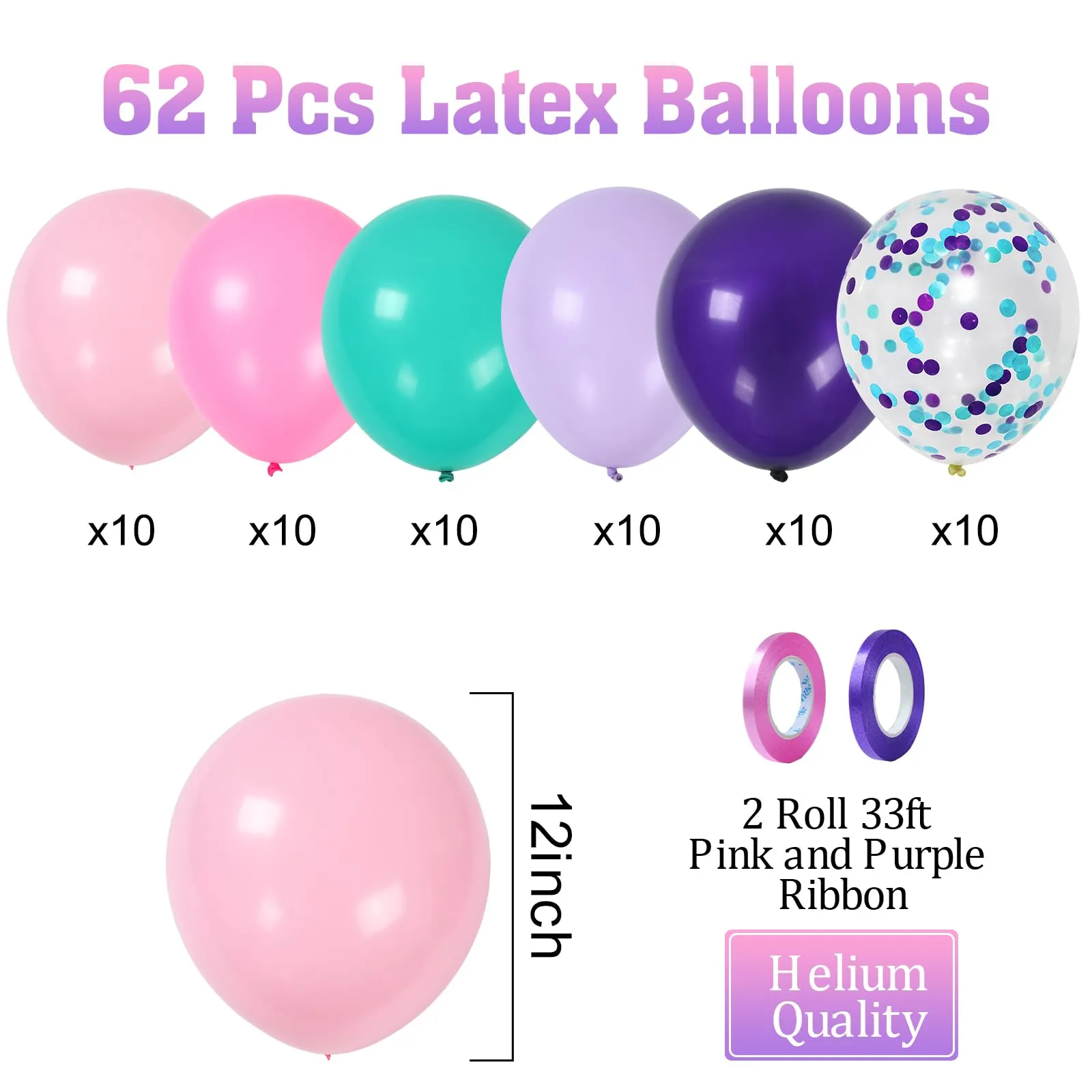 fairymaiden Palloncini Colorati Misti Rosa, Viola, Blu Tiffany con Confetti, 60 Pezzi, 12 Pollici - immagine 3