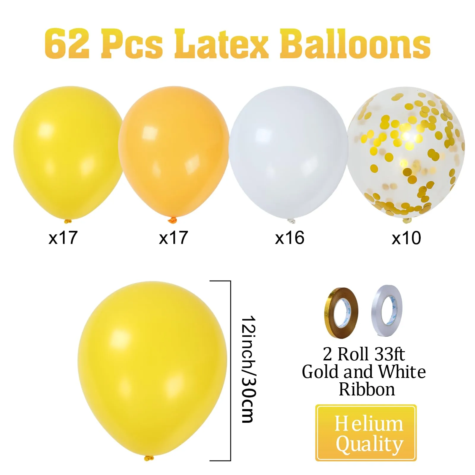 fairymaiden Palloncini Giallo, Bianco e Giallo Limone con Confetti d'oro, 60 Pezzi, 12 Pollici - immagine 3