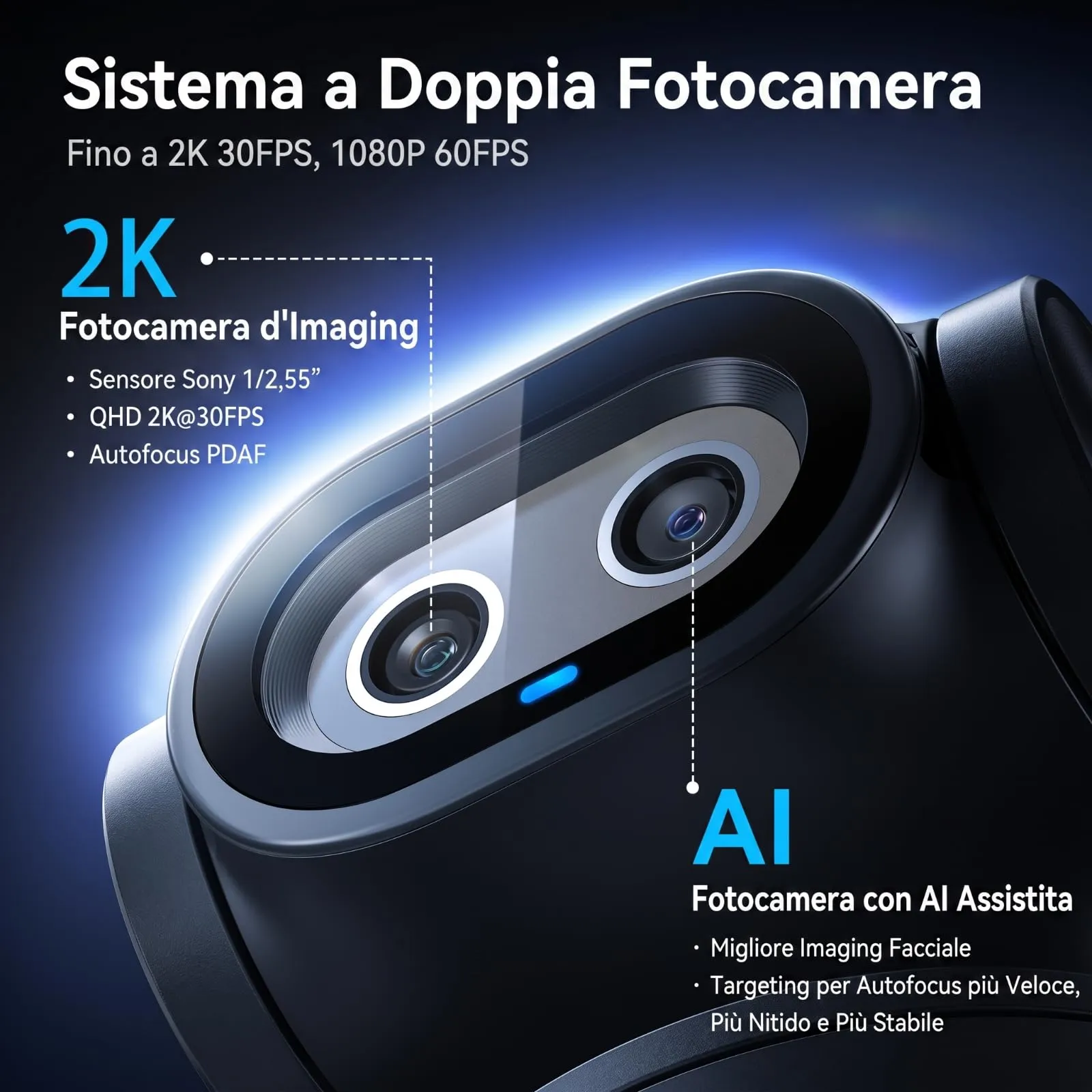 EMEET PIXY 2K Telecamera PTZ IA Doppia Fotocamera con Tracciamento IA, Autofocus PDAF, Sensore Sony 1/2.55'', 3 Microfoni e Controllo Gestuale - immagine 2