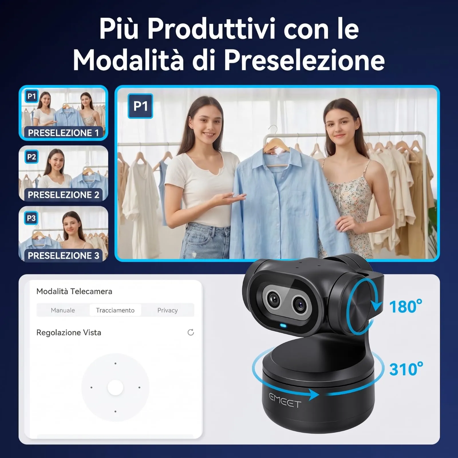 EMEET PIXY 2K Telecamera PTZ IA Doppia Fotocamera con Tracciamento IA, Autofocus PDAF, Sensore Sony 1/2.55'', 3 Microfoni e Controllo Gestuale - immagine 5