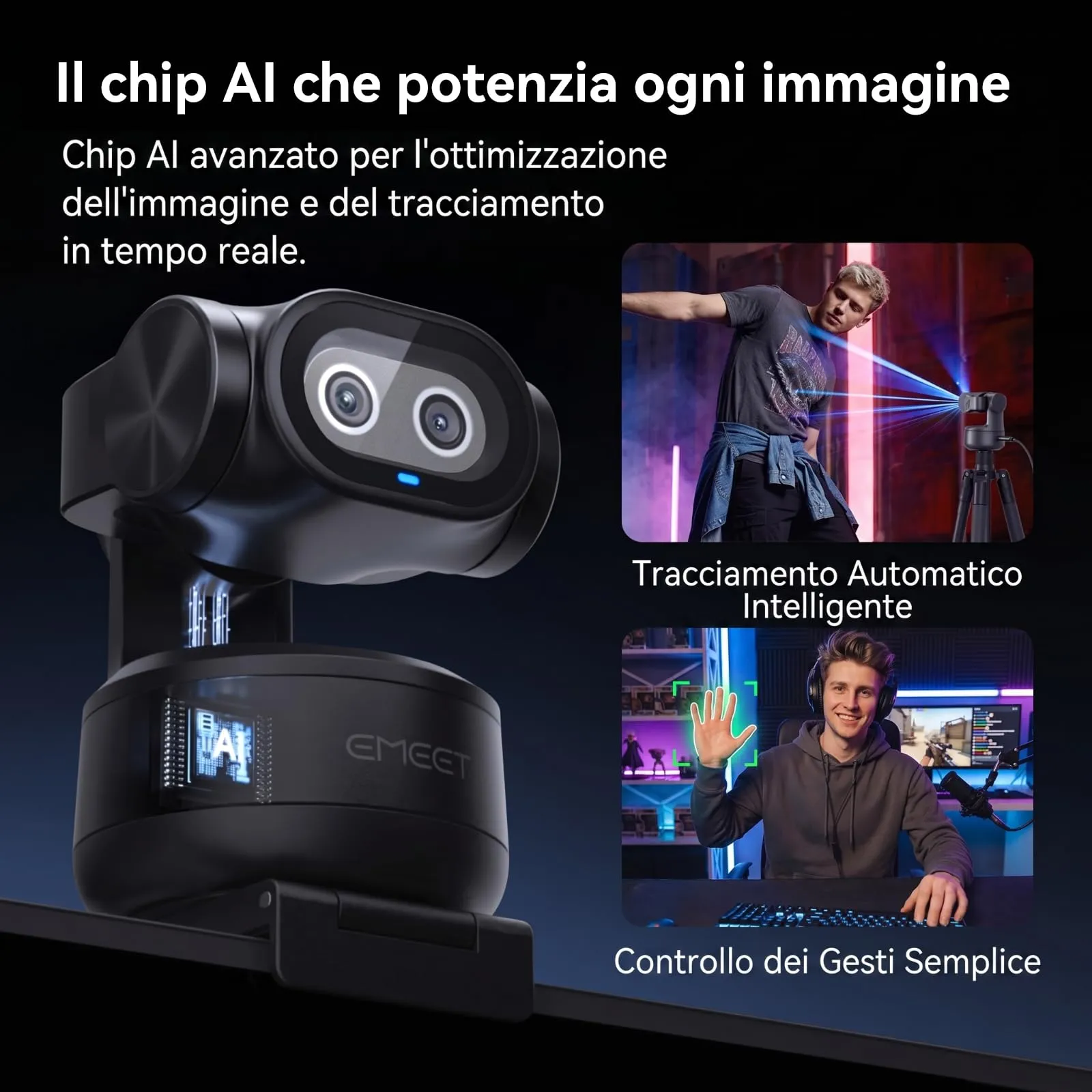EMEET PIXY 2K Telecamera PTZ IA Doppia Fotocamera con Tracciamento IA, Autofocus PDAF, Sensore Sony 1/2.55'', 3 Microfoni e Controllo Gestuale - immagine 6
