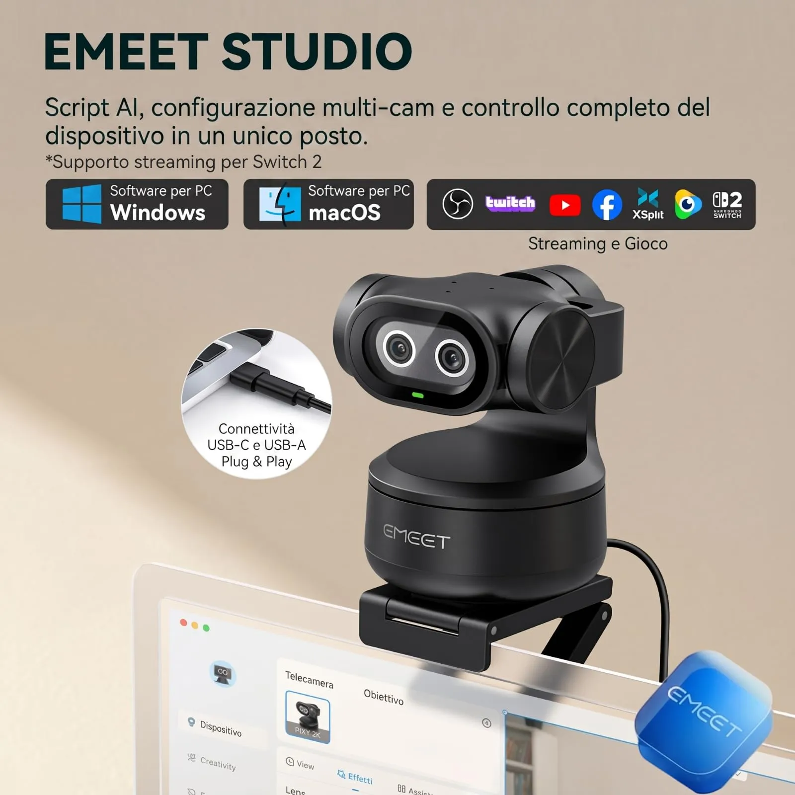 EMEET PIXY 2K Telecamera PTZ IA Doppia Fotocamera con Tracciamento IA, Autofocus PDAF, Sensore Sony 1/2.55'', 3 Microfoni e Controllo Gestuale - immagine 9