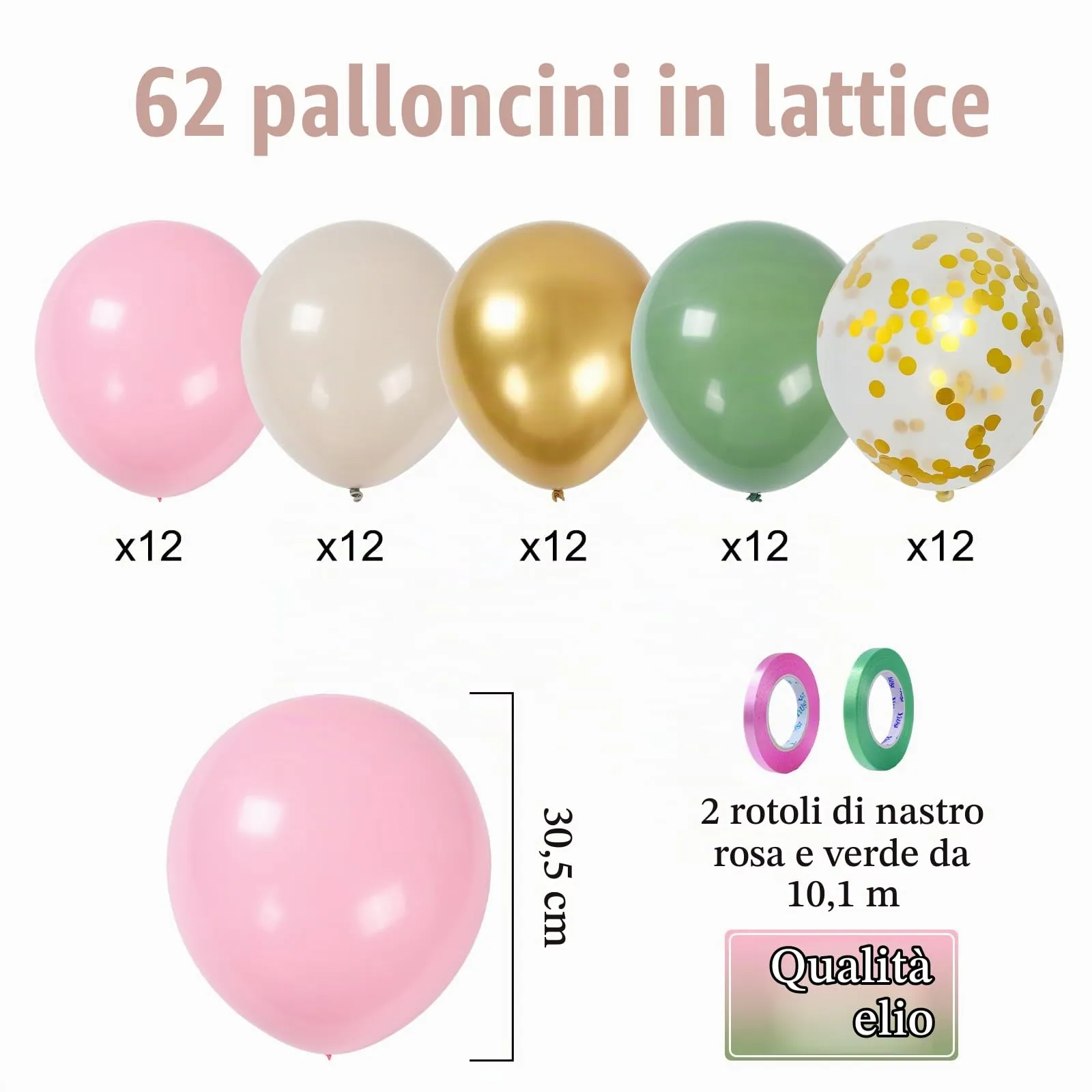 fairymaiden Palloncini Verde Salvia, Rosa, Beige e Oro, 60 Pezzi, 12 Pollici - immagine 3