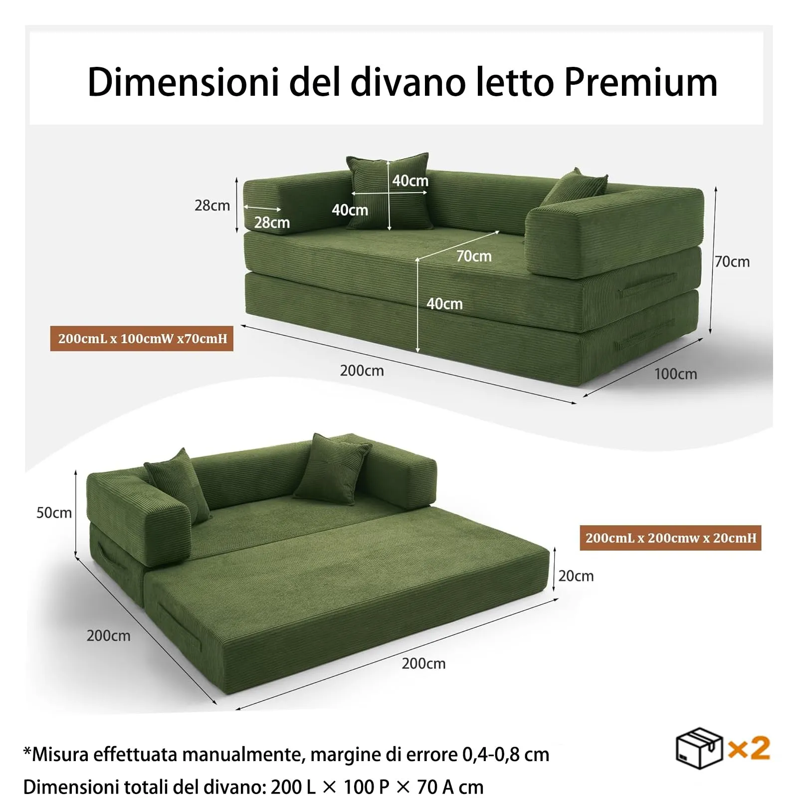Vipbear Divano Letto 3 Posti Trasformabile 5 in 1 in Velluto a Coste, 200 cm, Verde - immagine 2