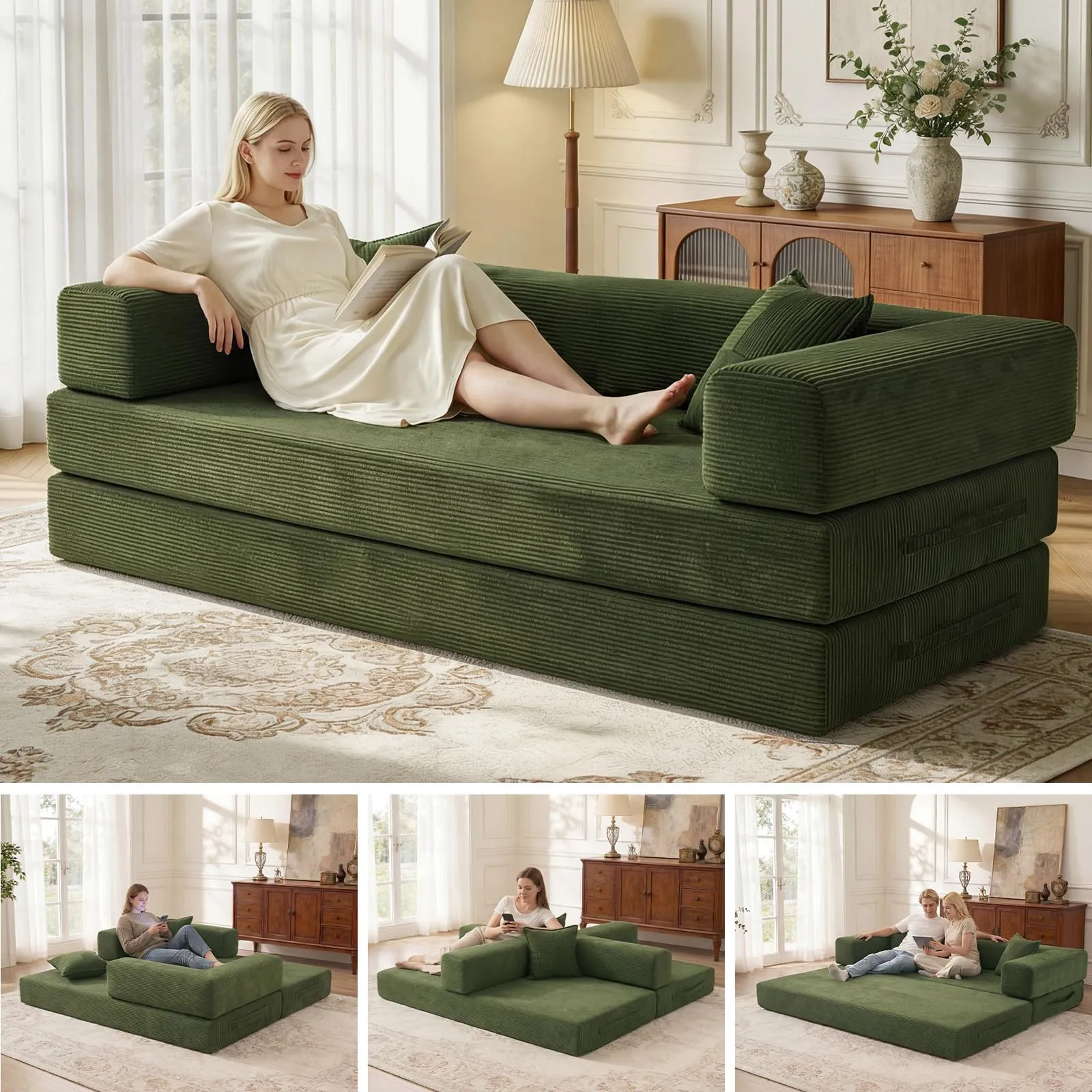Vipbear Divano Letto 3 Posti Trasformabile 5 in 1 in Velluto a Coste, 200 cm, Verde - immagine 3
