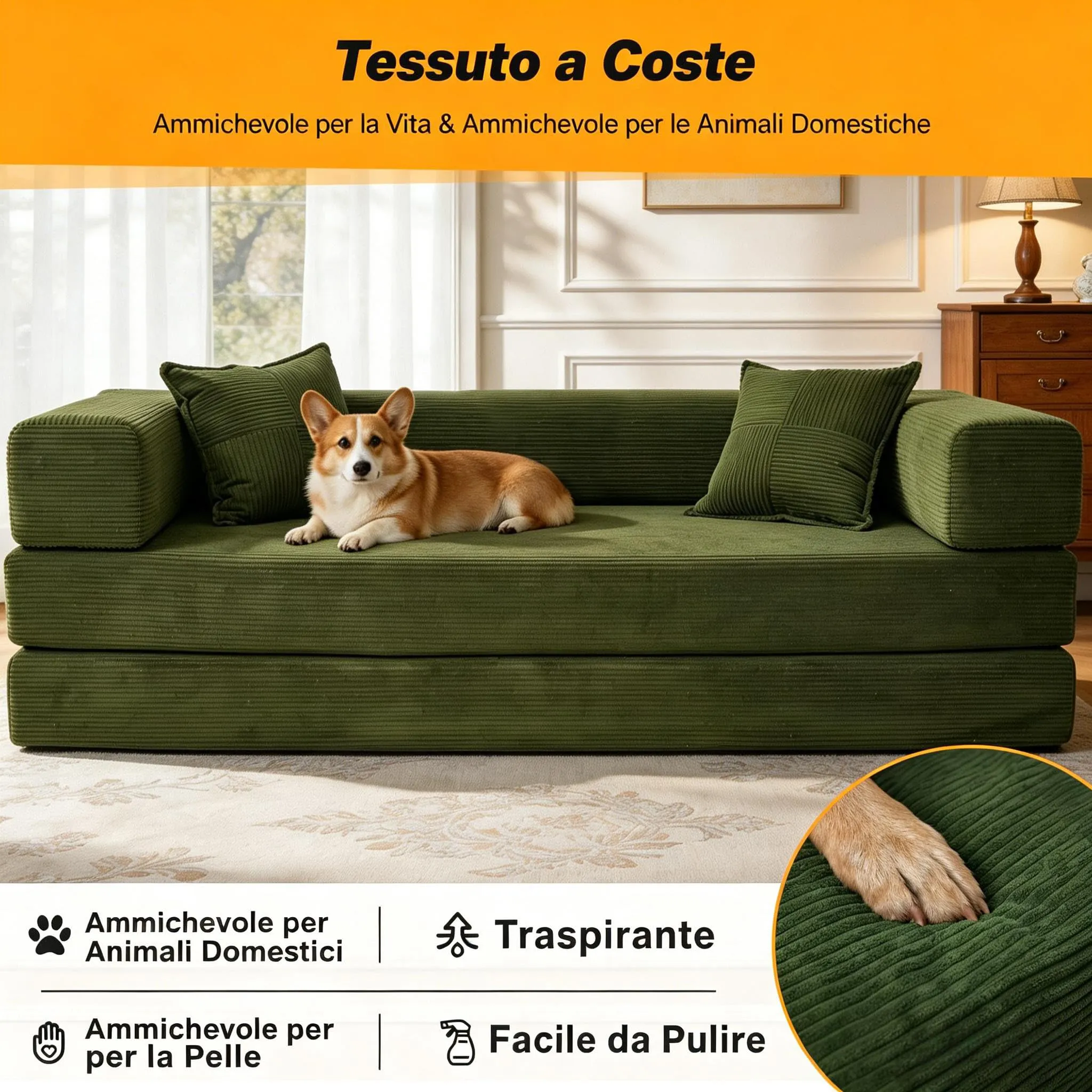 Vipbear Divano Letto 3 Posti Trasformabile 5 in 1 in Velluto a Coste, 200 cm, Verde - immagine 4