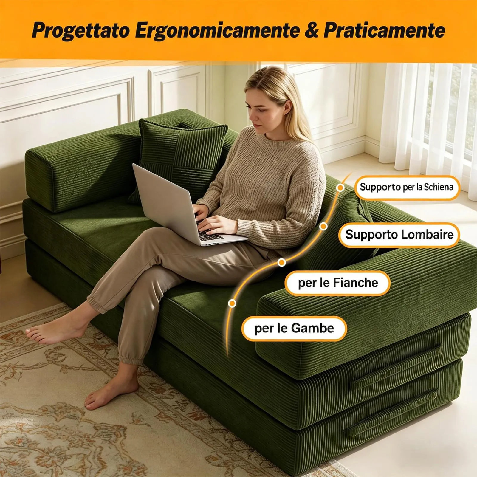 Vipbear Divano Letto 3 Posti Trasformabile 5 in 1 in Velluto a Coste, 200 cm, Verde - immagine 6