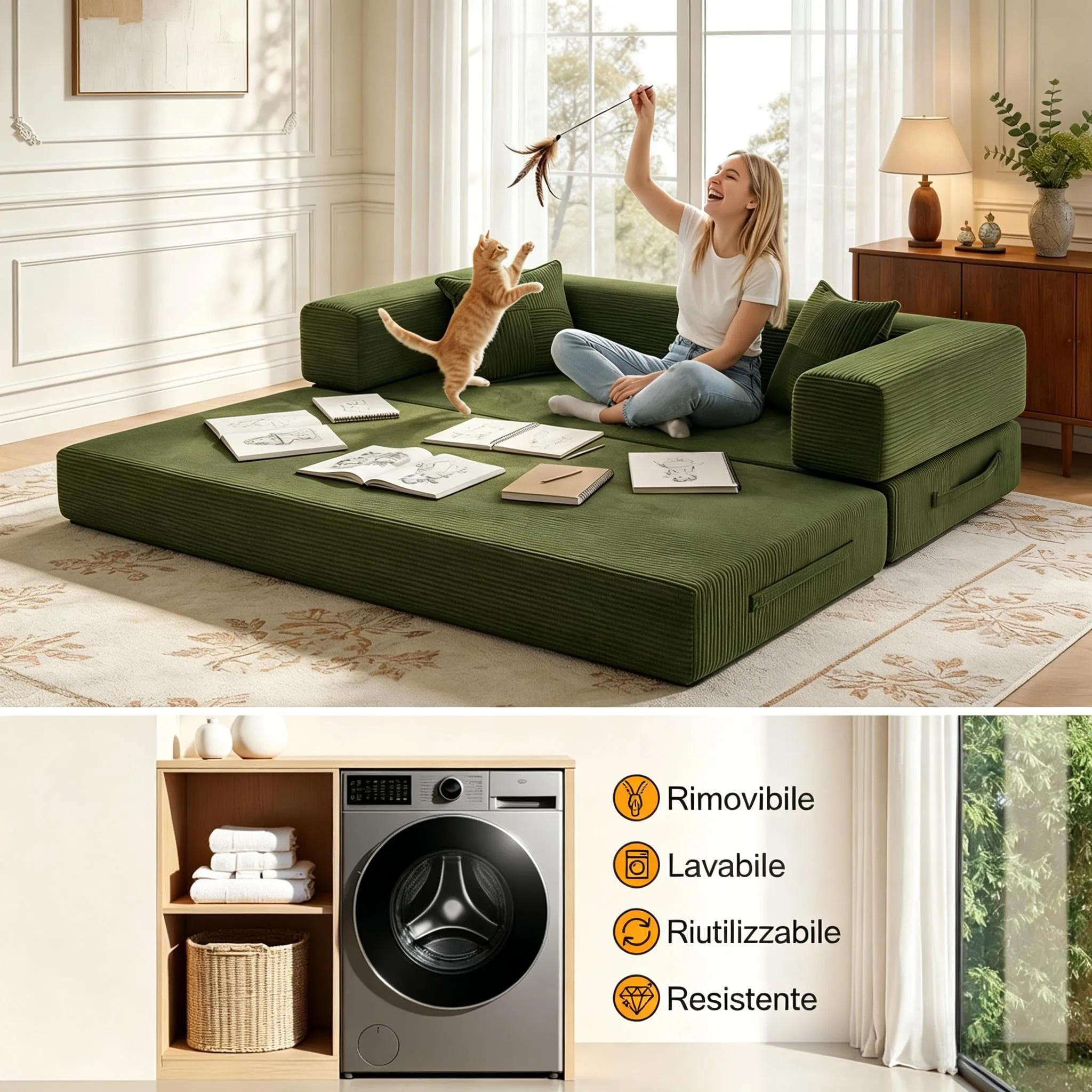 Vipbear Divano Letto 3 Posti Trasformabile 5 in 1 in Velluto a Coste, 200 cm, Verde - immagine 7