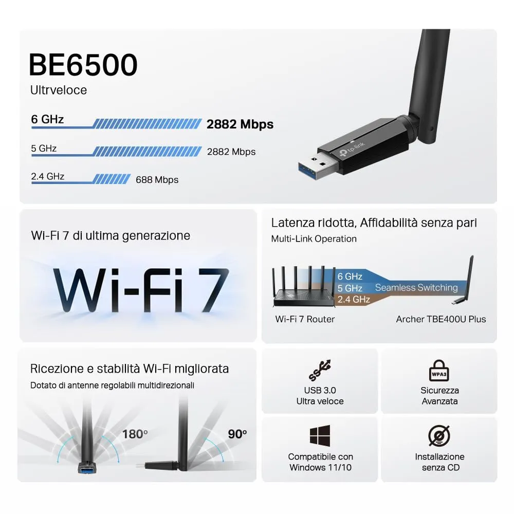 TP-Link Archer TBE400U Plus Adattatore USB Wi-Fi 7 BE6500Mbps Tri-Band PC - immagine 2
