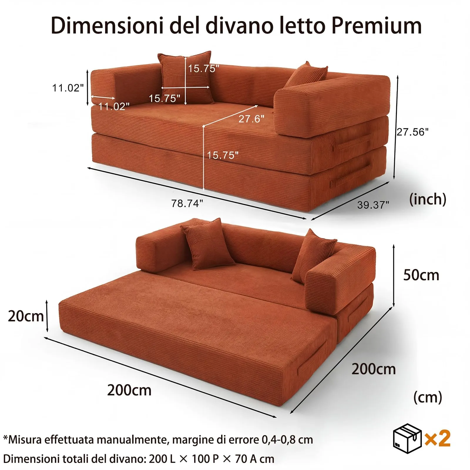 Vipbear Divano Sezionale Modulare 5 in 1, 200 cm, Corduroy Premium, 3 Posti, Pieghevole, Arancione - immagine 2