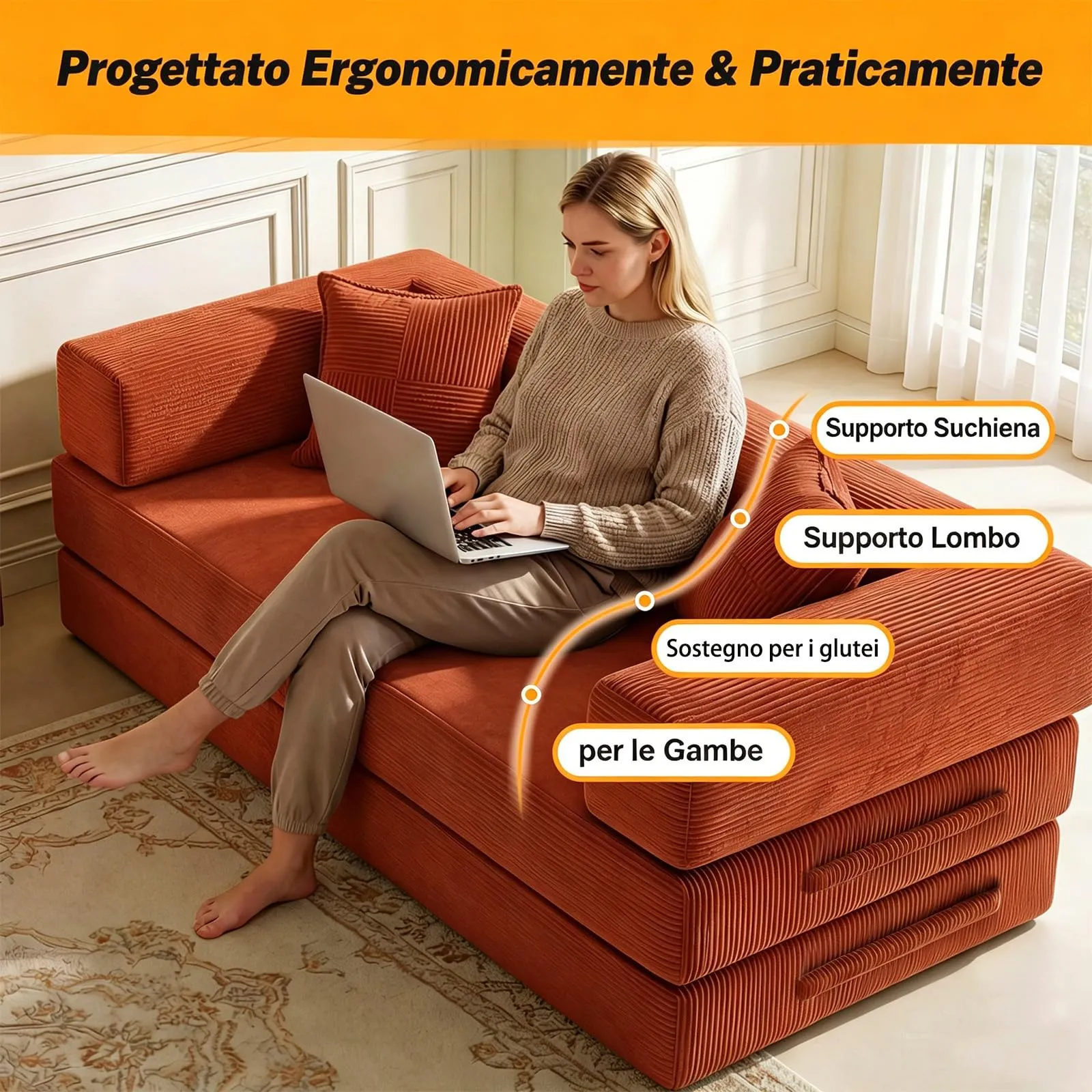 Vipbear Divano Sezionale Modulare 5 in 1, 200 cm, Corduroy Premium, 3 Posti, Pieghevole, Arancione - immagine 4