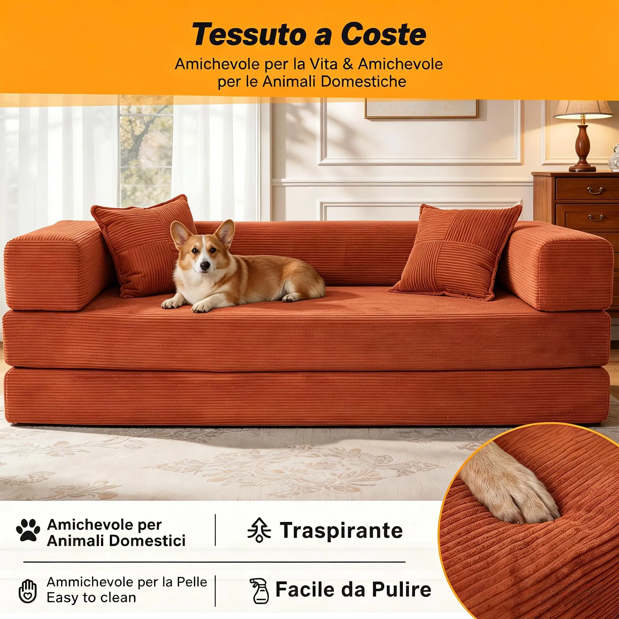 Vipbear Divano Sezionale Modulare 5 in 1, 200 cm, Corduroy Premium, 3 Posti, Pieghevole, Arancione - immagine 6