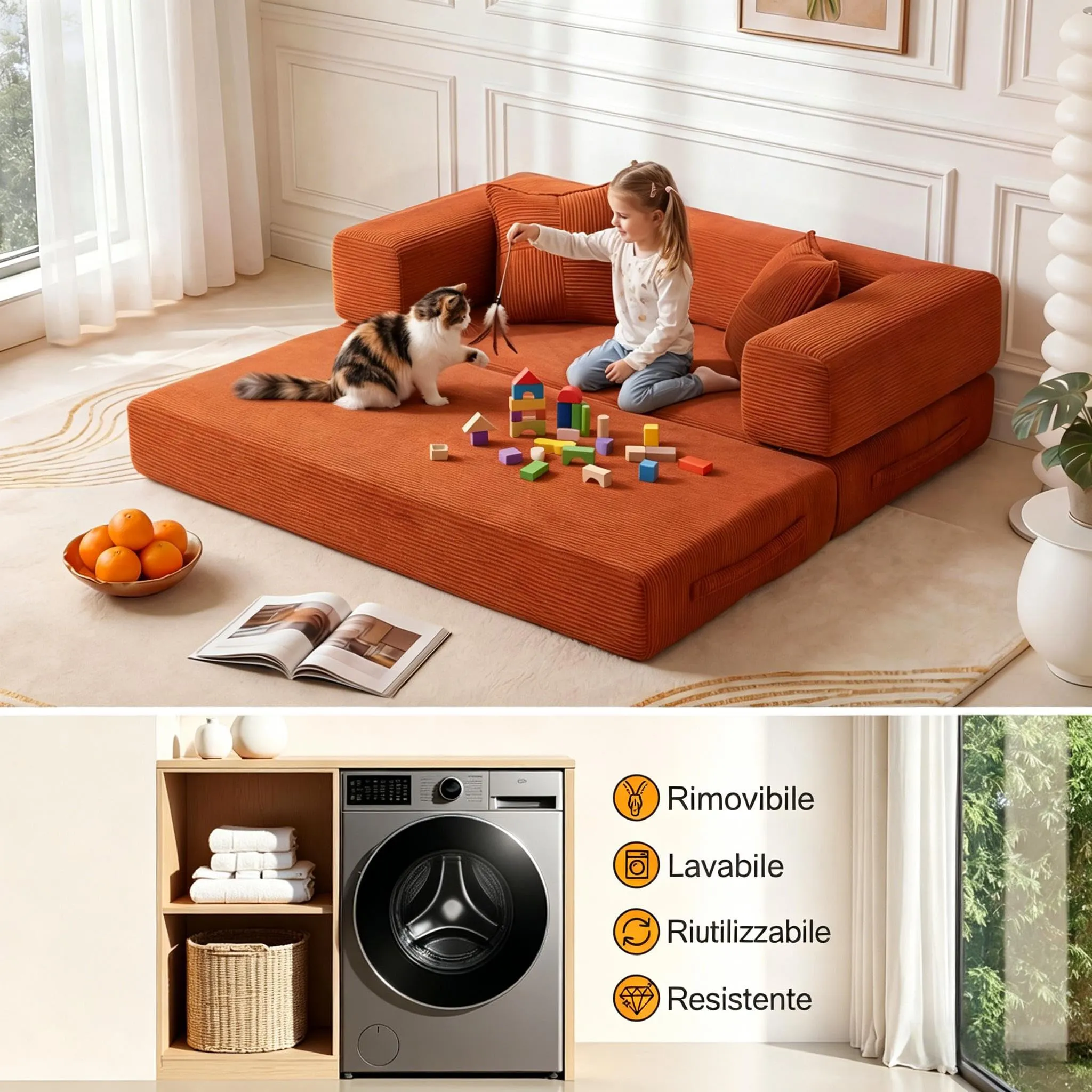 Vipbear Divano Sezionale Modulare 5 in 1, 200 cm, Corduroy Premium, 3 Posti, Pieghevole, Arancione - immagine 7