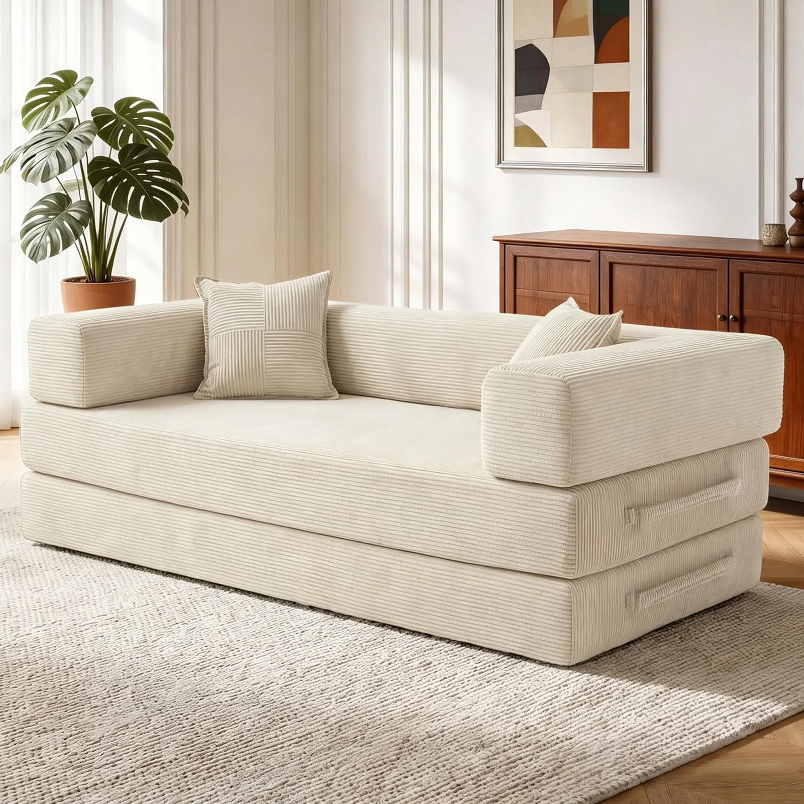 Vipbear Divano Letto Disossato 5 in 1, Velluto a Coste, 200 cm, 3 Posti con 2 Cuscini, Bianco - immagine 1
