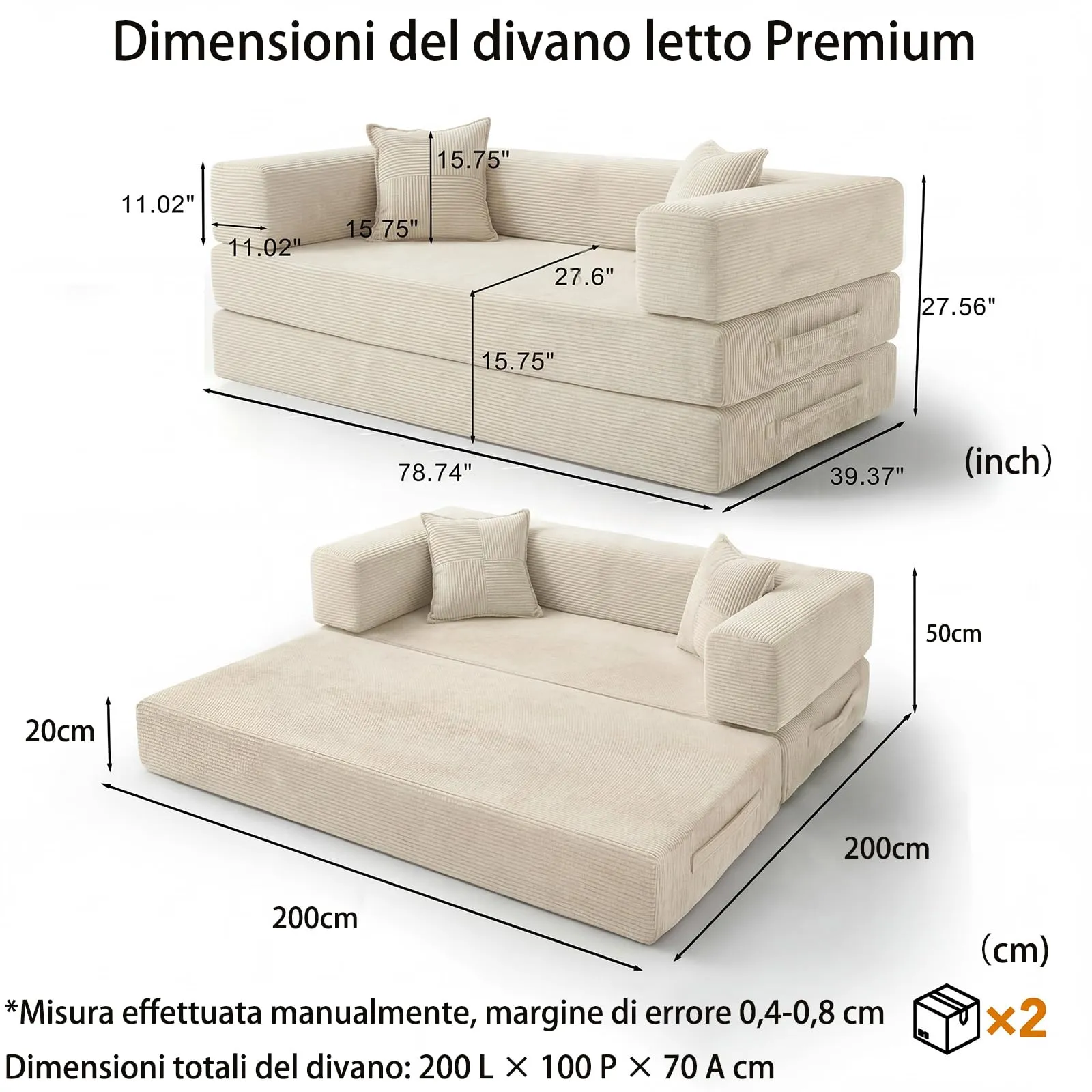 Vipbear Divano Letto Disossato 5 in 1, Velluto a Coste, 200 cm, 3 Posti con 2 Cuscini, Bianco - immagine 2