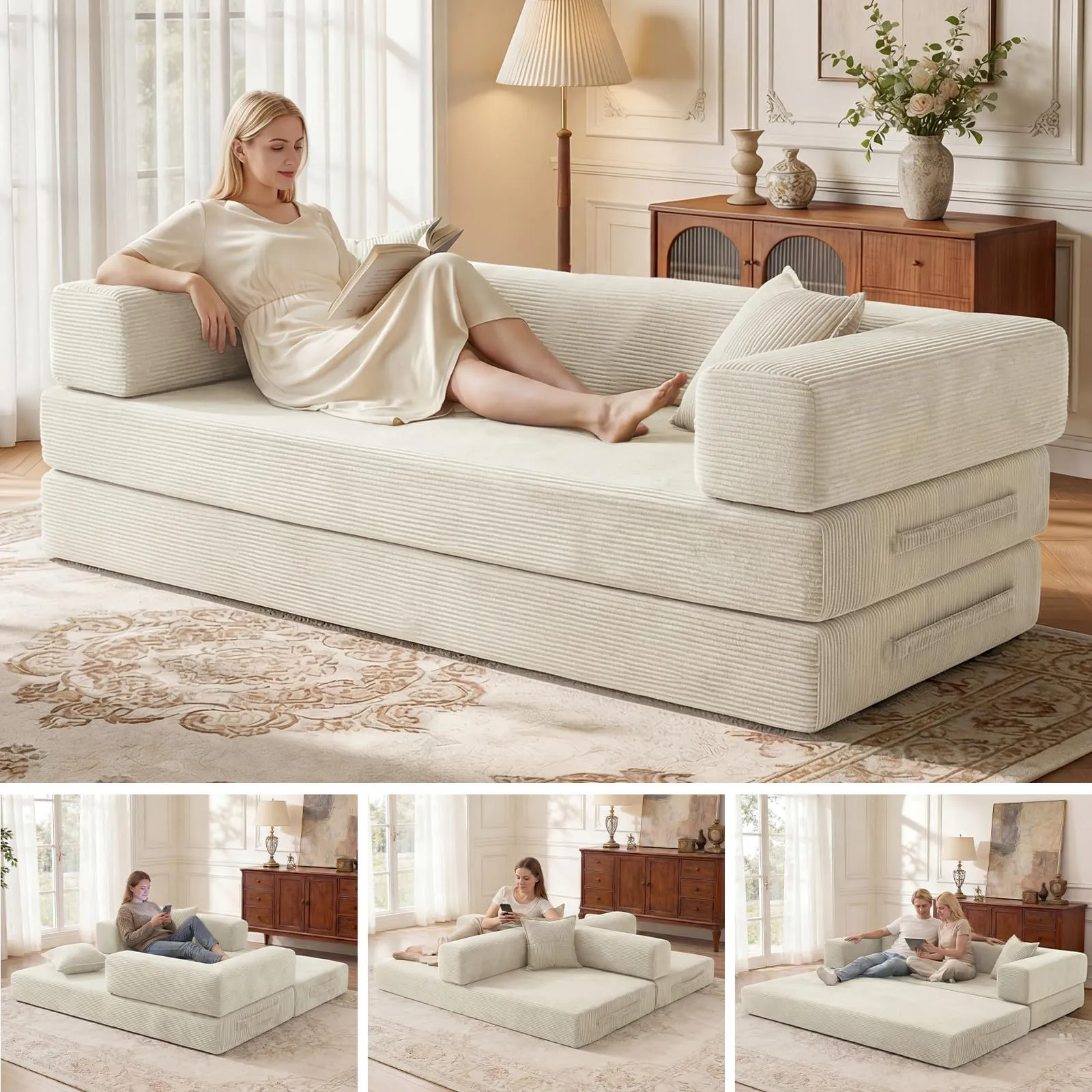 Vipbear Divano Letto Disossato 5 in 1, Velluto a Coste, 200 cm, 3 Posti con 2 Cuscini, Bianco - immagine 3
