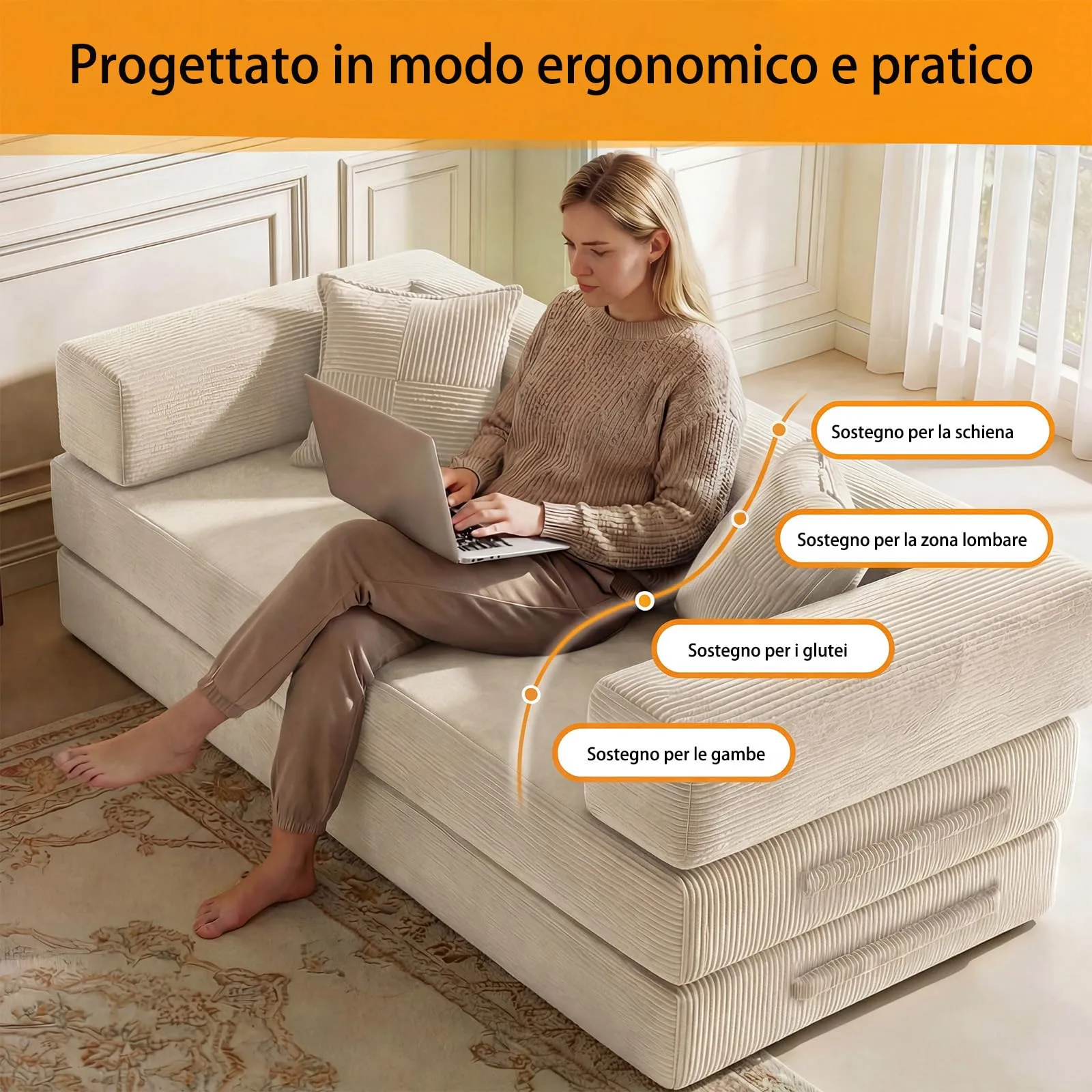 Vipbear Divano Letto Disossato 5 in 1, Velluto a Coste, 200 cm, 3 Posti con 2 Cuscini, Bianco - immagine 4