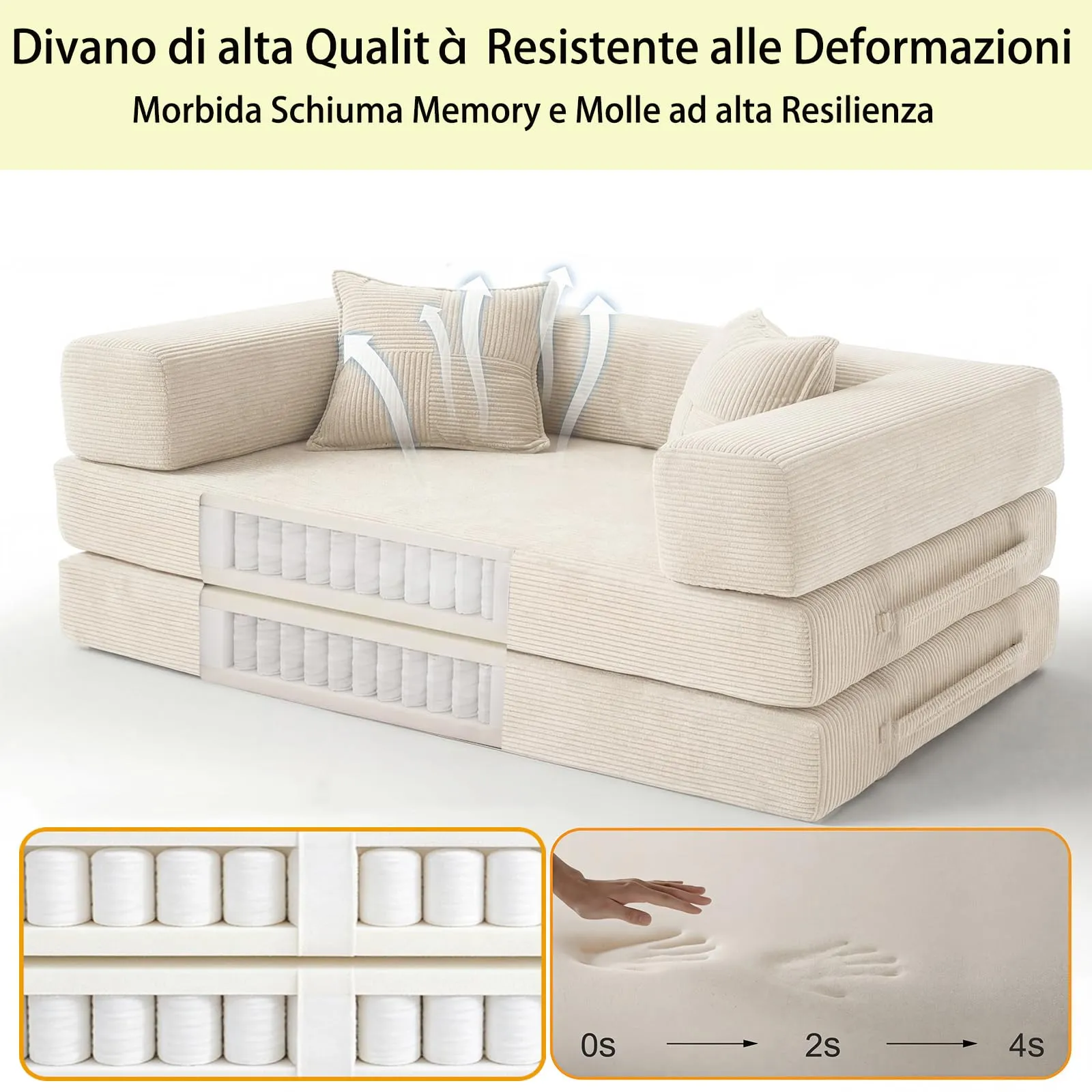 Vipbear Divano Letto Disossato 5 in 1, Velluto a Coste, 200 cm, 3 Posti con 2 Cuscini, Bianco - immagine 5