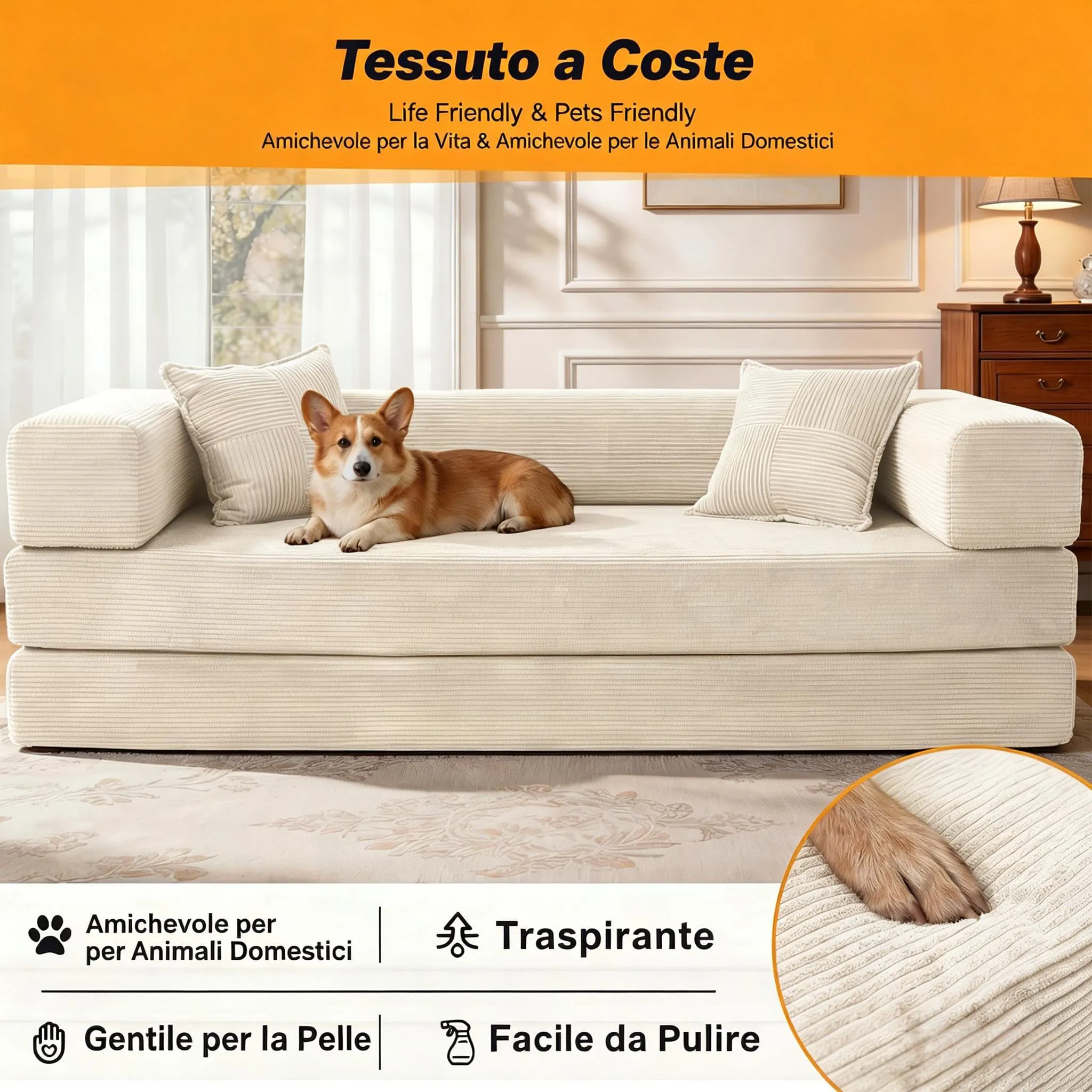 Vipbear Divano Letto Disossato 5 in 1, Velluto a Coste, 200 cm, 3 Posti con 2 Cuscini, Bianco - immagine 6