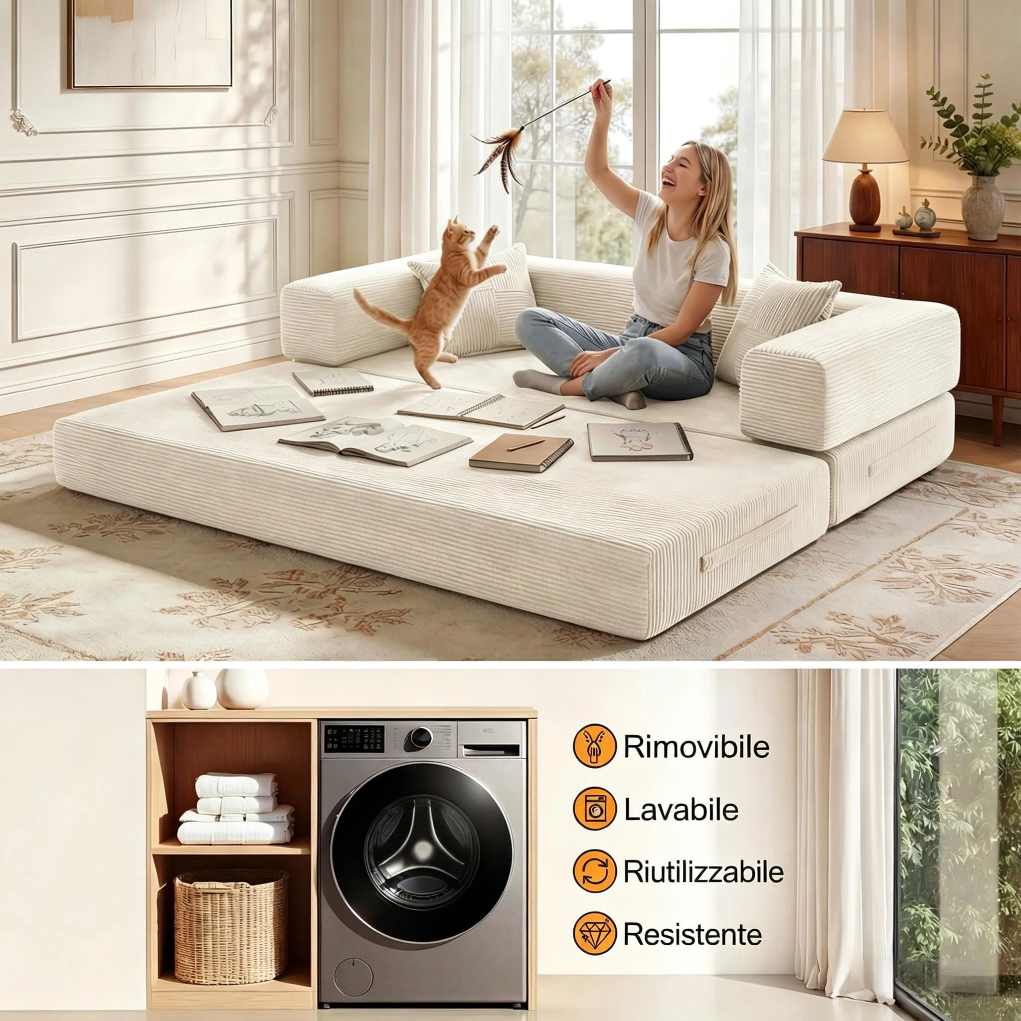 Vipbear Divano Letto Disossato 5 in 1, Velluto a Coste, 200 cm, 3 Posti con 2 Cuscini, Bianco - immagine 7